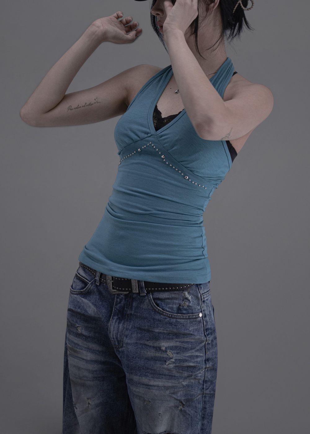 Studded Ruched Halterneck Top