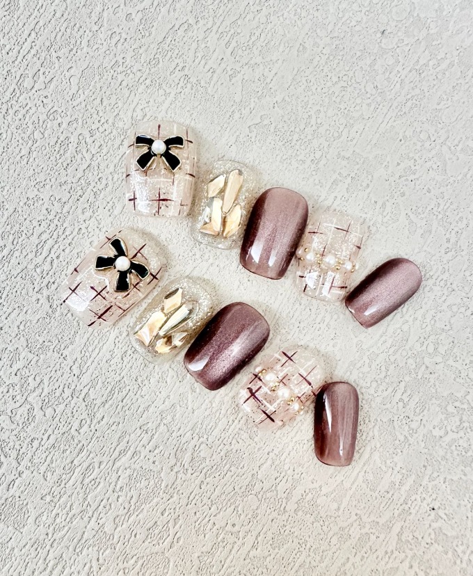 優雅蝴蝶結格紋美甲貼片套裝