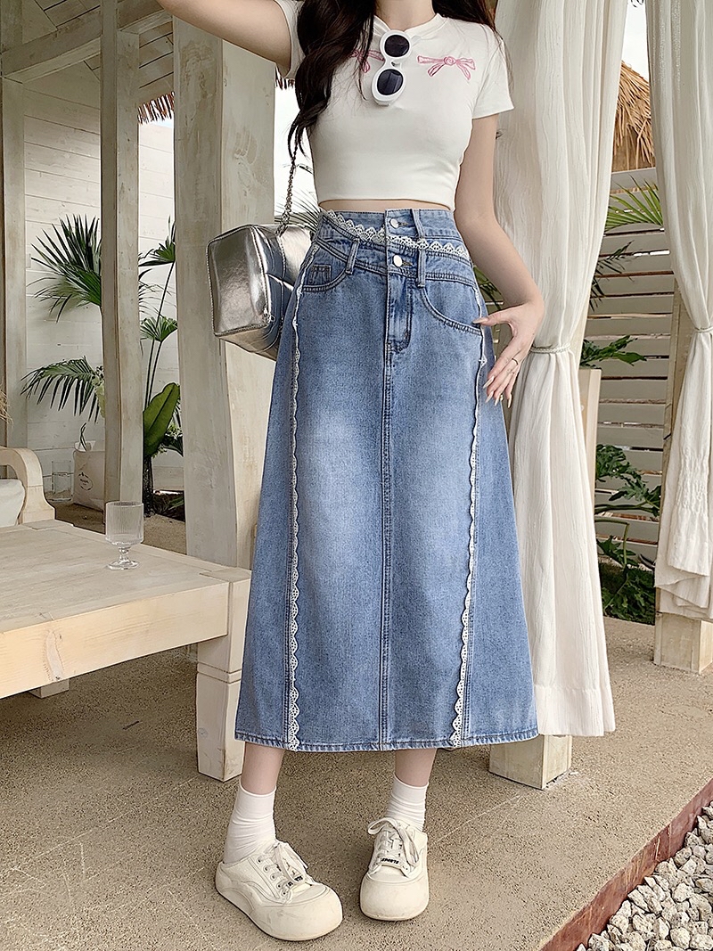 B29(30707) 韩版时尚JEANS斜蕾丝花边双裤头钮设计感蓝长裙