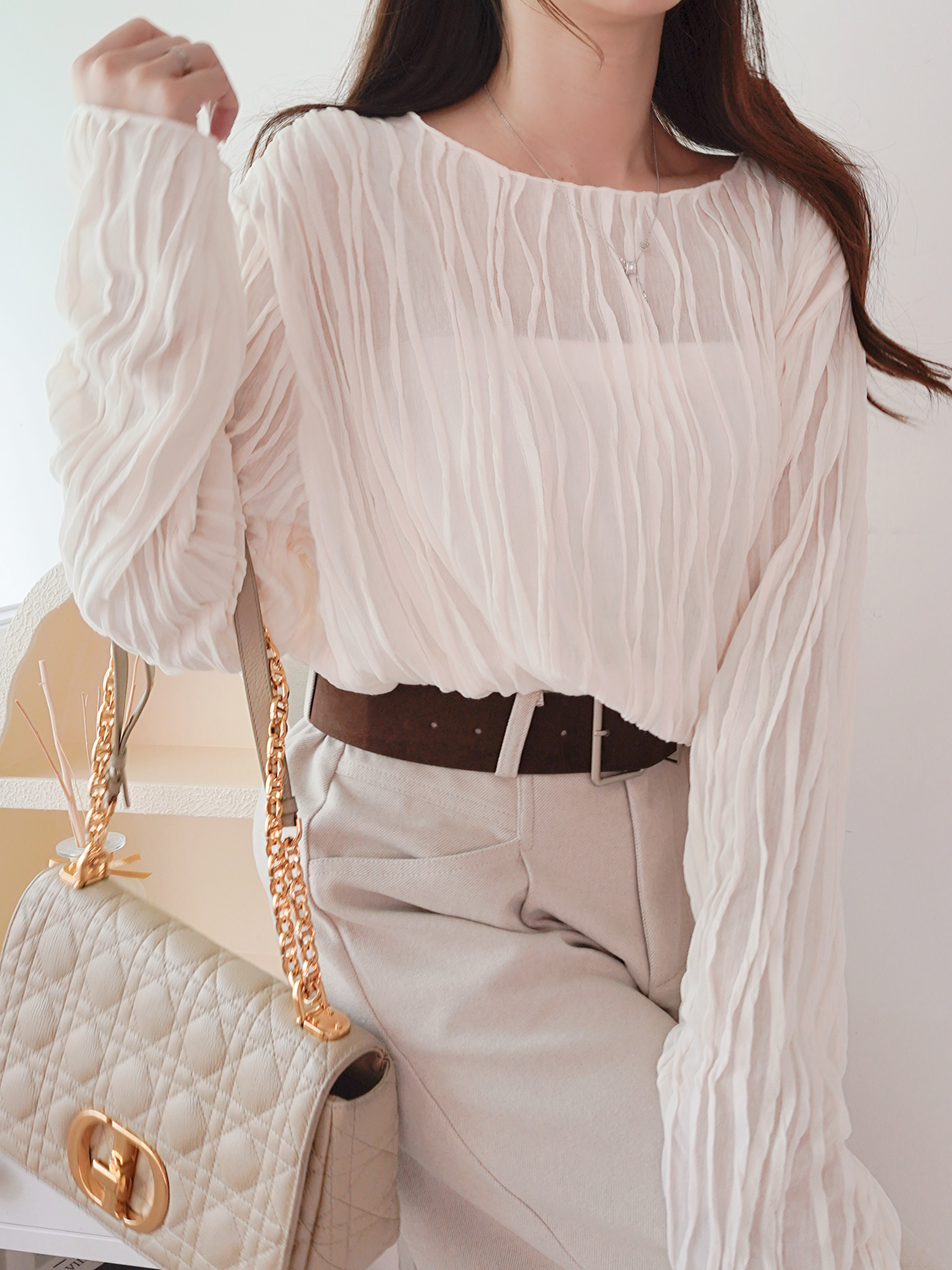 50%透感立體波浪上衣(JP)[米白色]358700