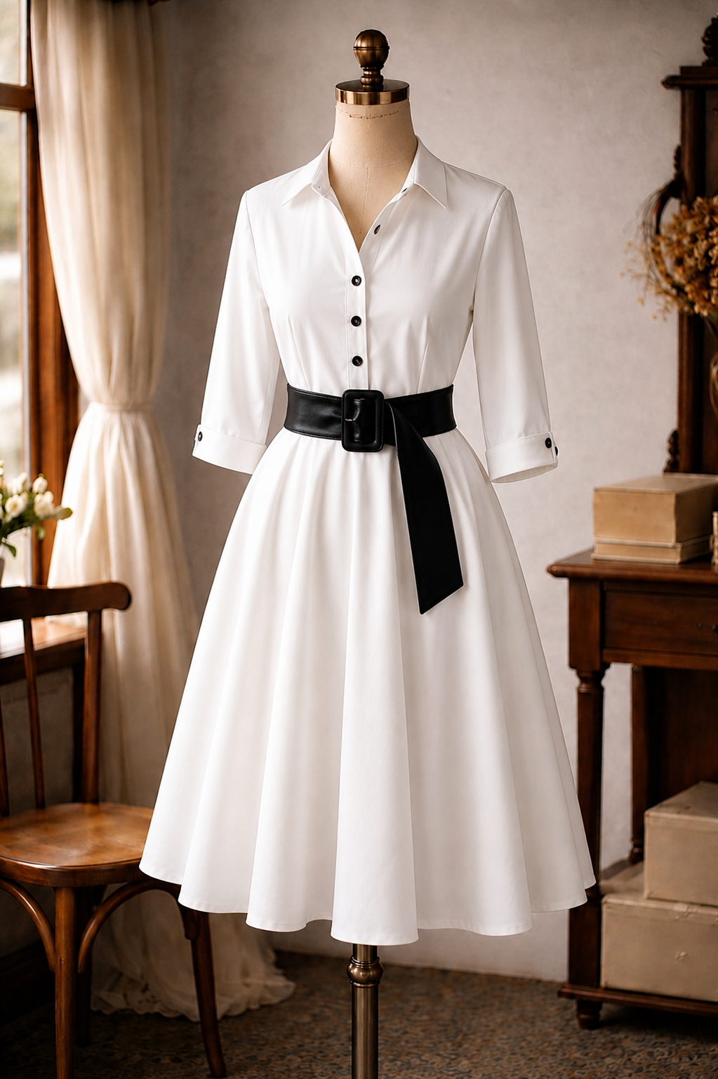 (Custom-Made) Ivory Heirloom Shirtdress with Vintage Buttons and Belt (FM237)