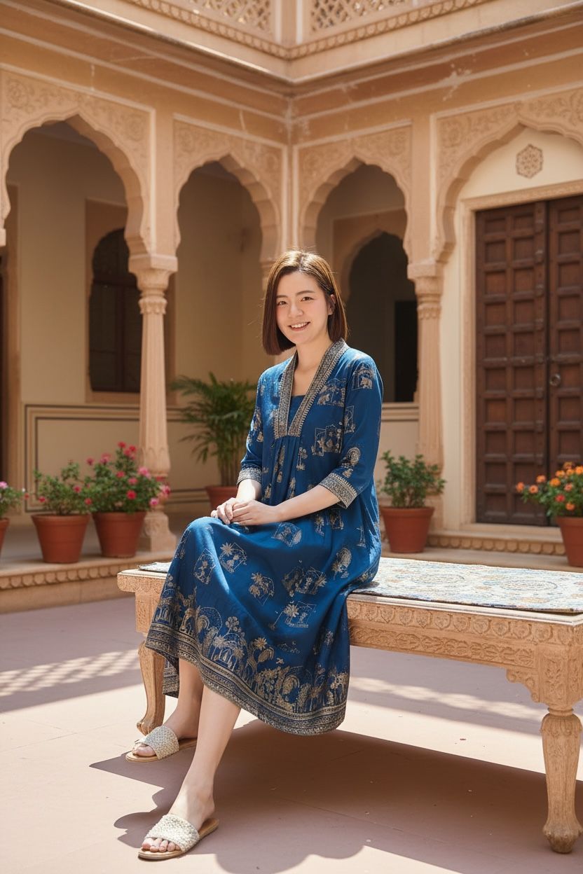 Navy Blue V-Neck Emb. Collar OP 42" #1068