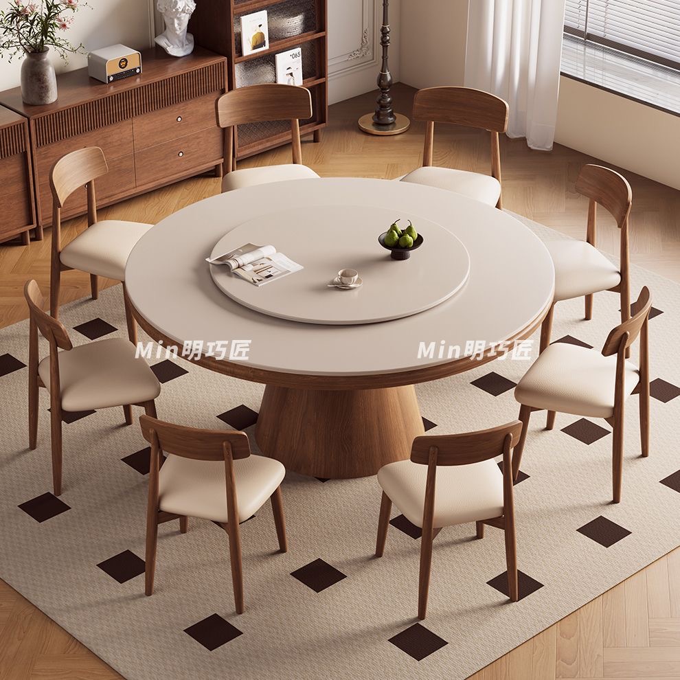 實木圓桶岩板餐檯組合 細單位家用圓餐檯連轉盤連椅 dining table