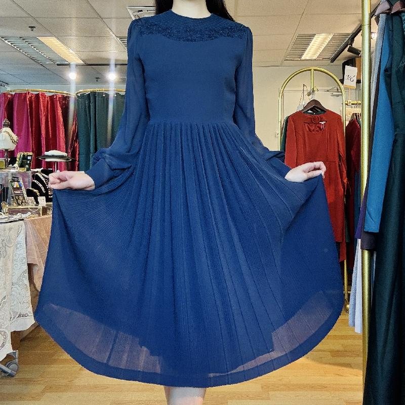 Vintage Japanese Neckline Embellished Navy Blue Day And Night Dress (PP001-14)