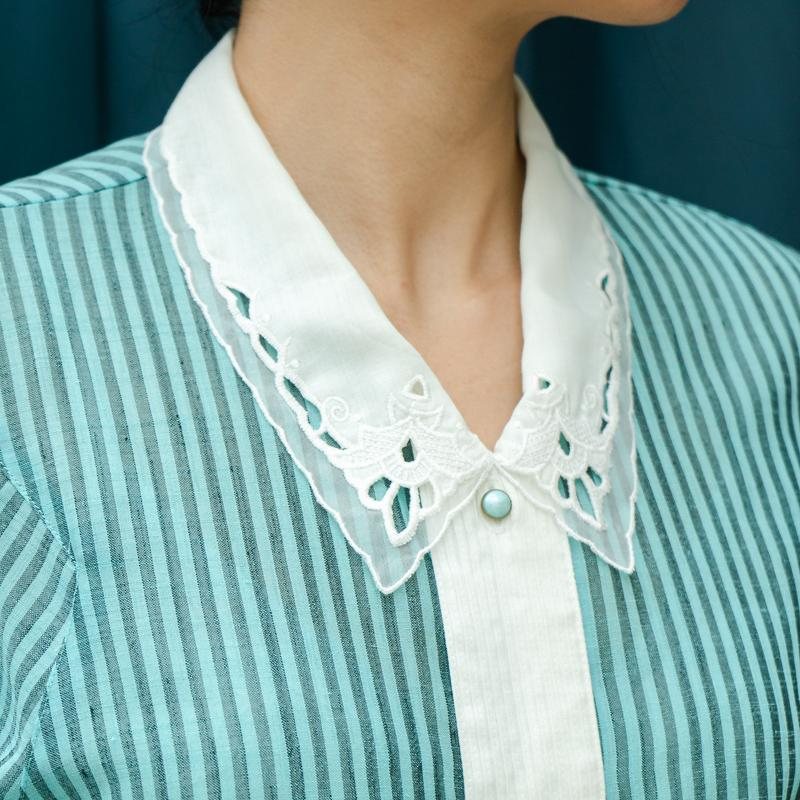 Vintage Embroidered Collar Turquoise Striped Blouse Shirt(MT1606-20)
