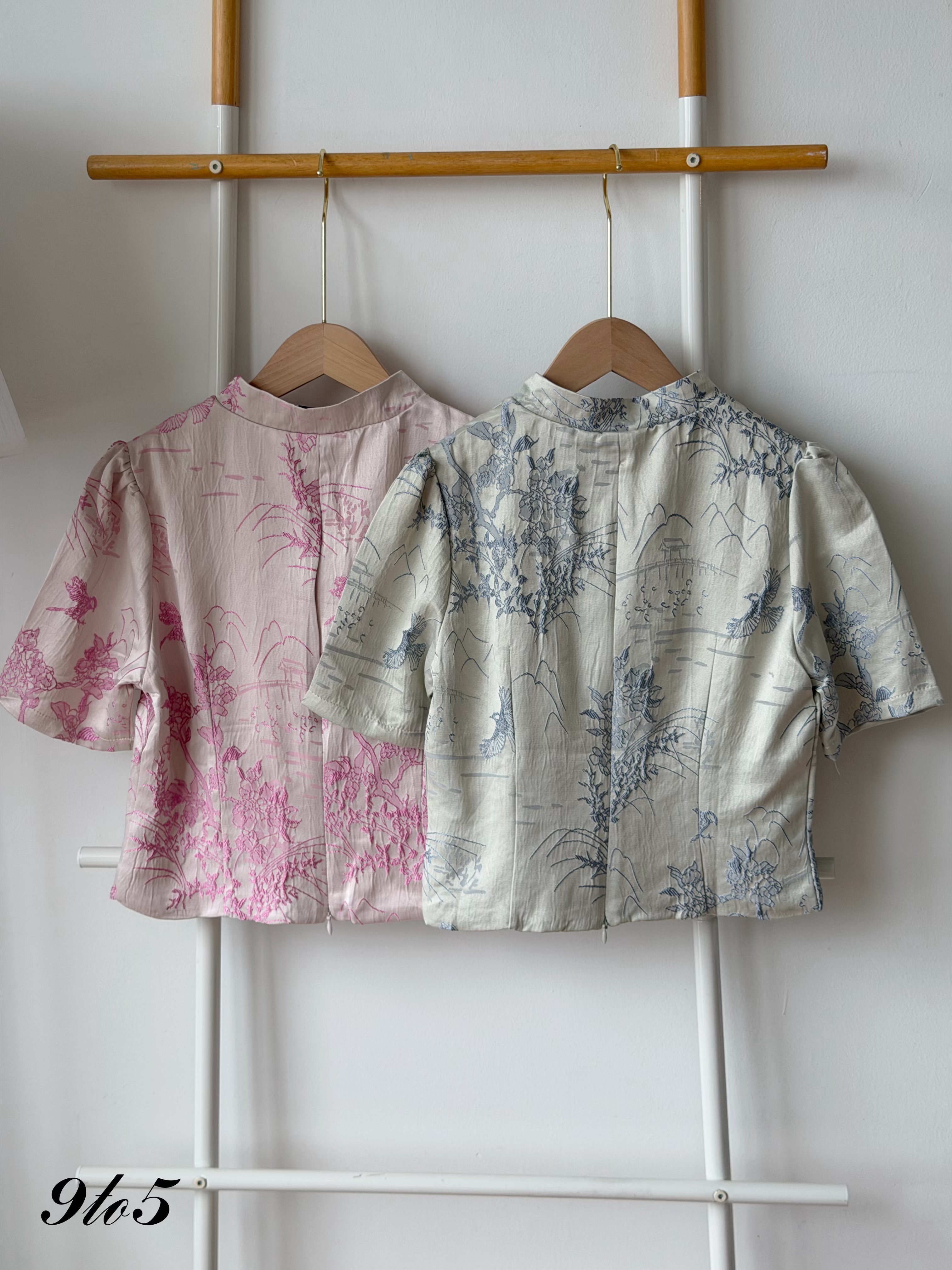 T4469 CNY Embroidery Floral Crop Top - Blue & Pink