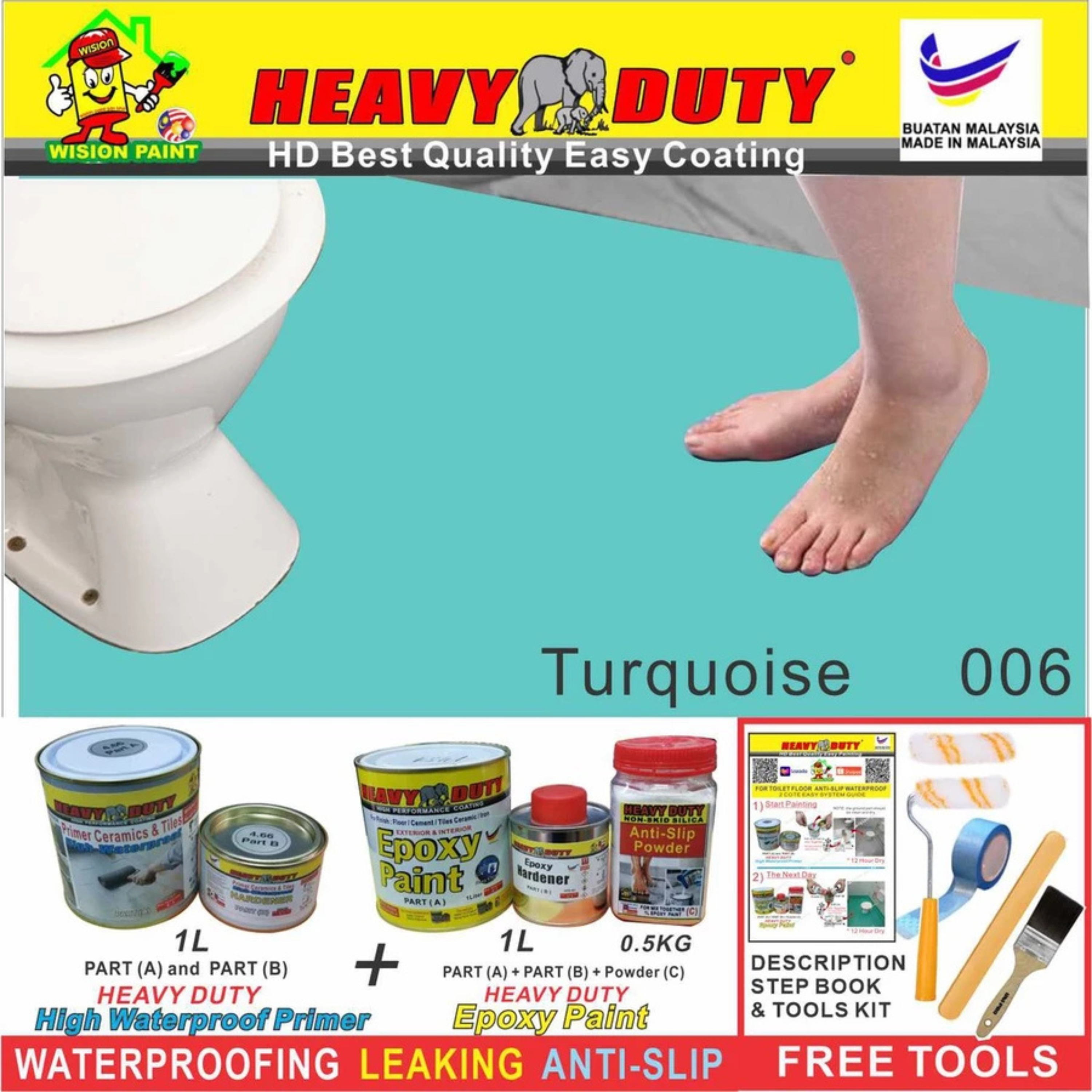 FULL SET (HEAVY DUTY BRAND) Floor Coating (Free Paint Tool Set) 1L Tile Primer + 1L Epoxy Colour + 0.5kg Non-skid Silic