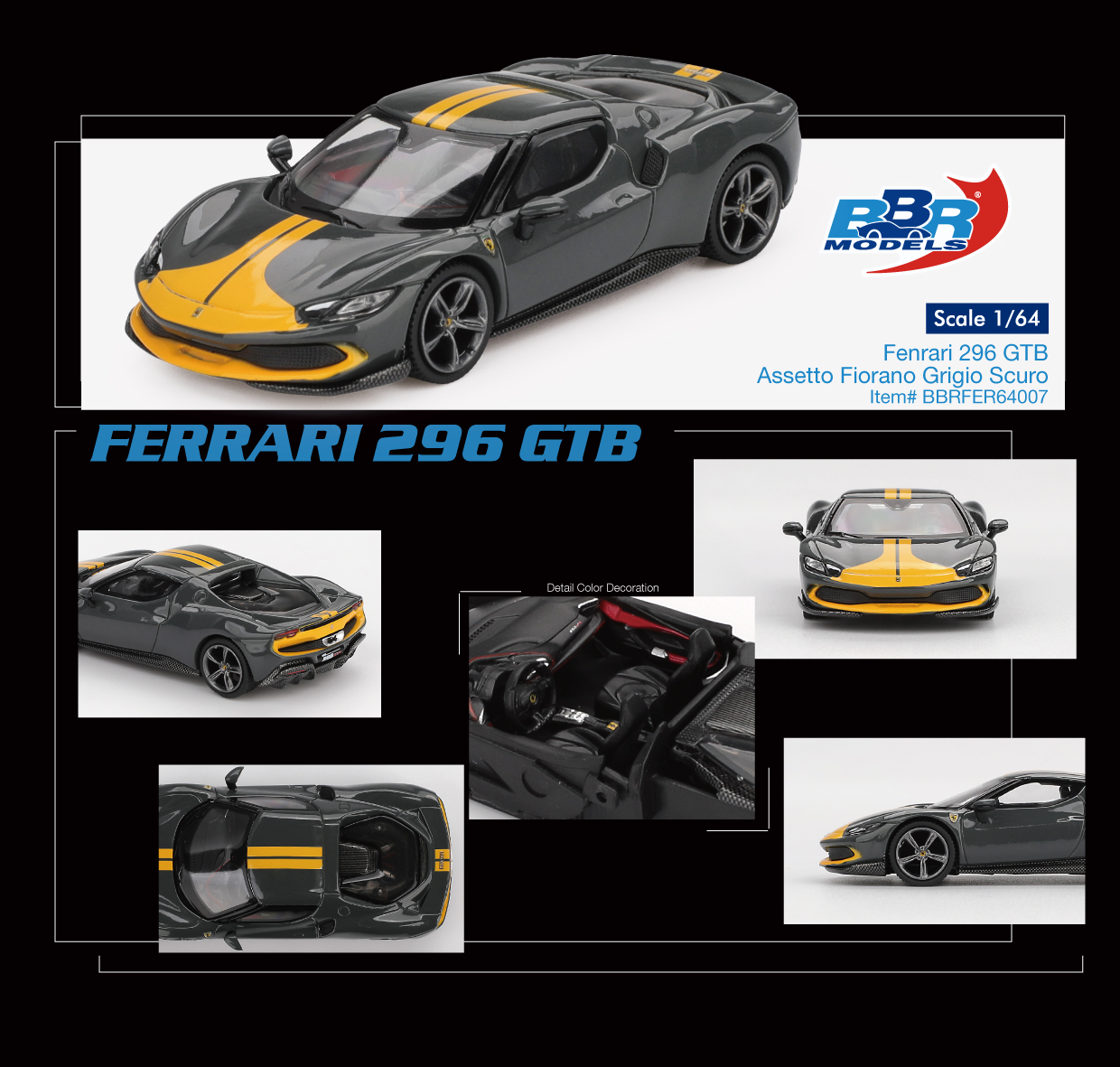 BBR Models 1/64 Ferrari 296 GTB Assetto Fiorano Grigio Scuro - BBRFER64007