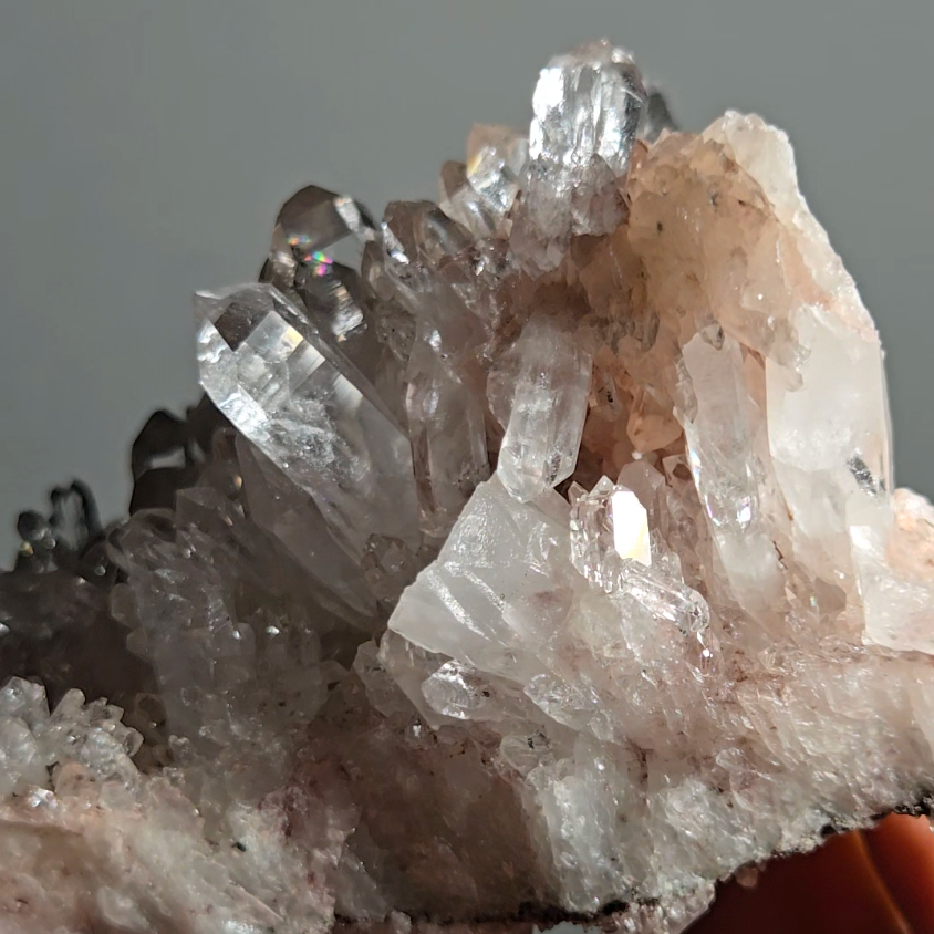Pink Lemurian quartz cluster with green chlorite, rainbows - LQ189