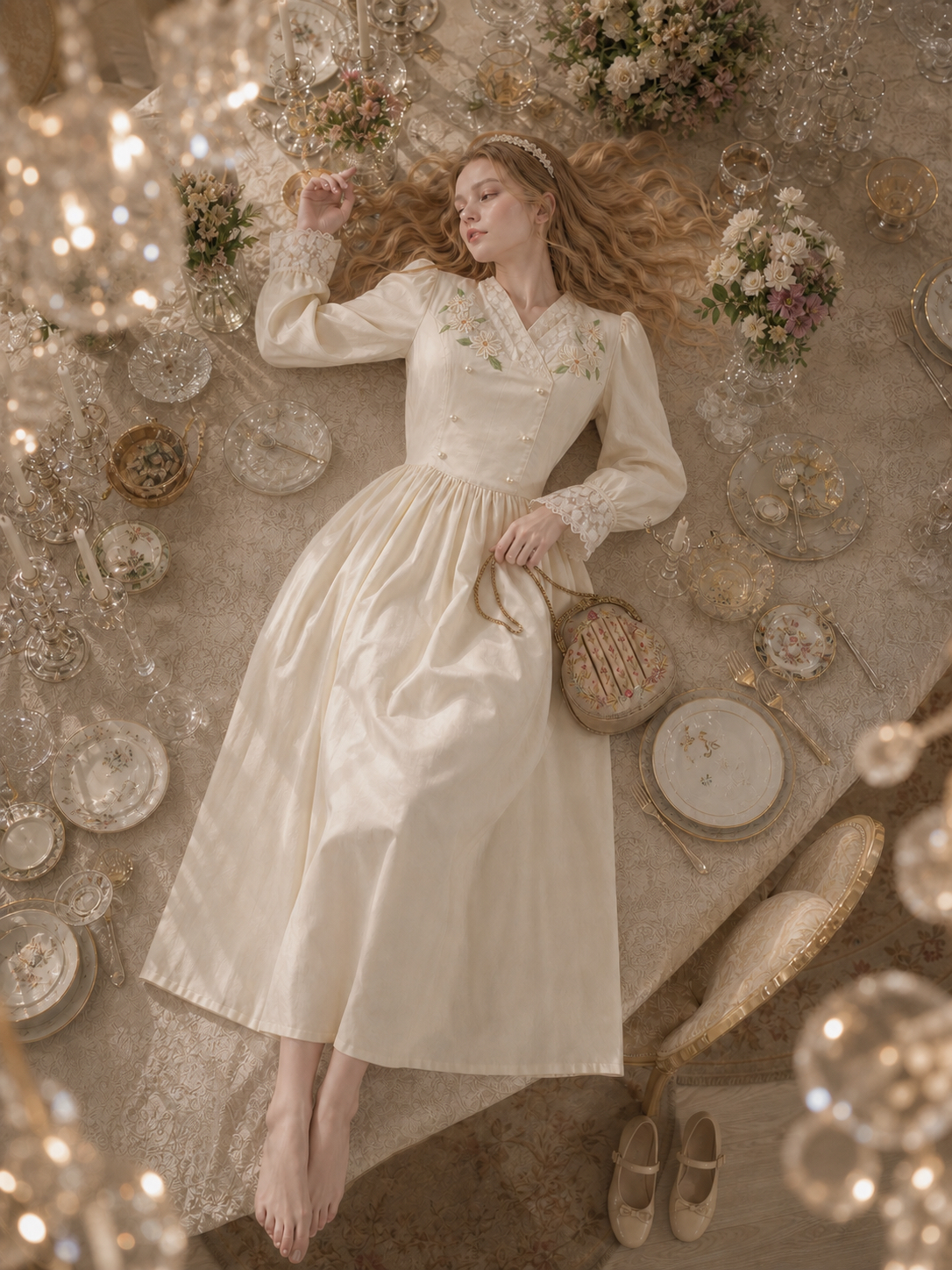 凡爾賽晨光野菊珍珠刺繡連身裙 Versailles Morning Light Daisy & Pearl Embroidered Vintage One-Piece Dress