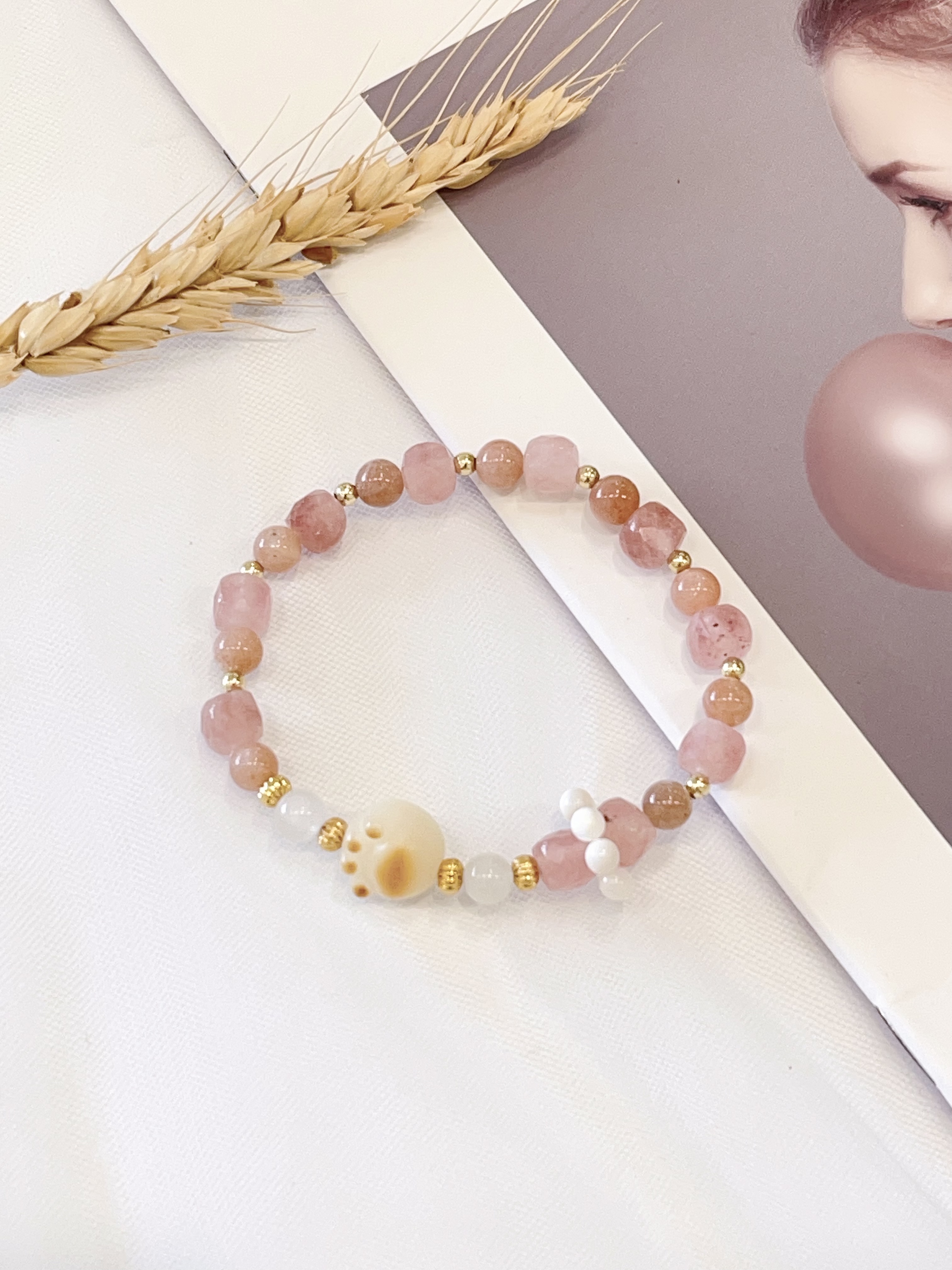 🍓 切割草莓晶 × 太阳石 × 猫爪菩提手串 Faceted Strawberry Quartz, Sunstone & Cat Paw Bodhi | 6-7mm