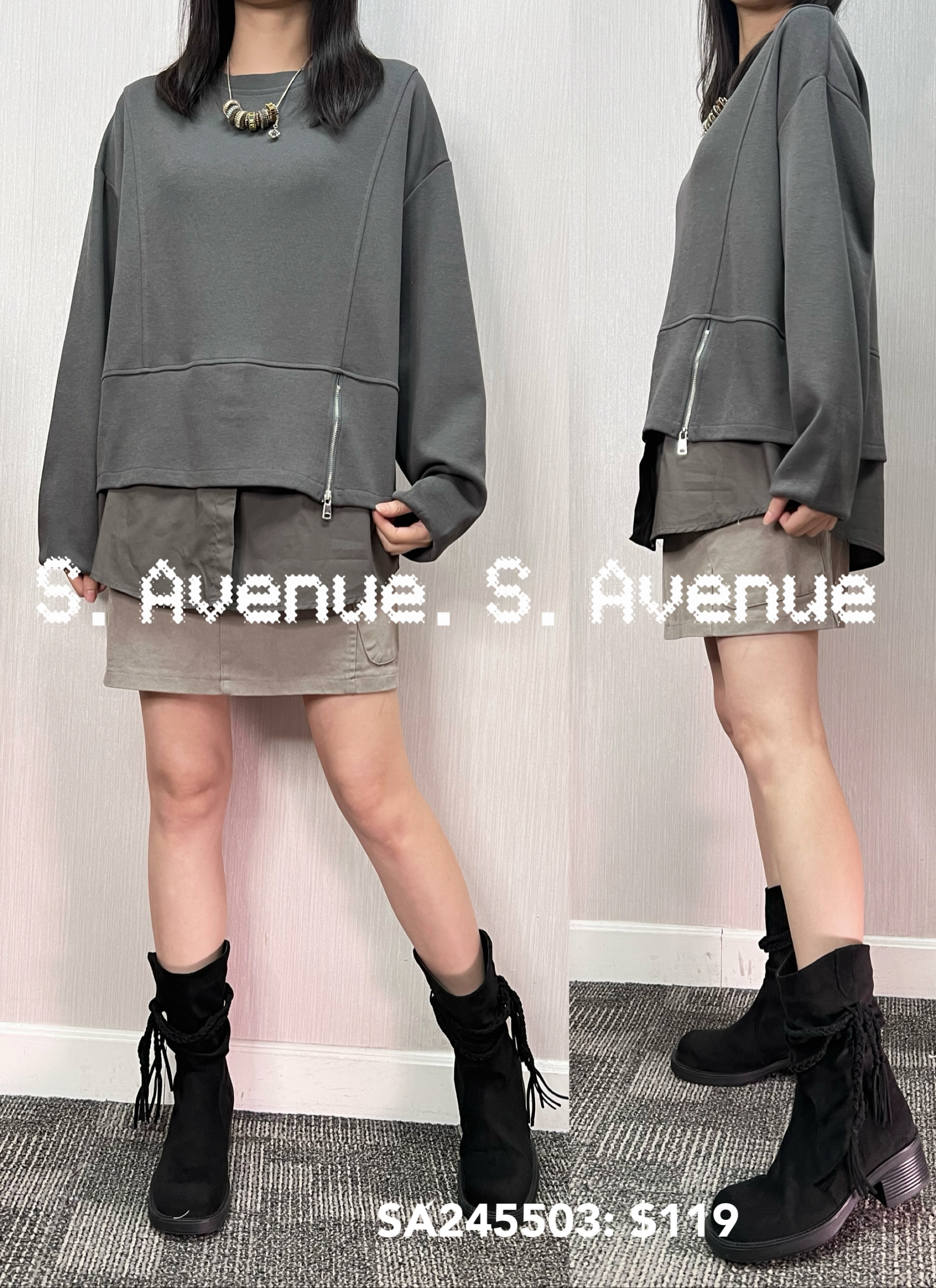 SA248503: 長袖側拉錬拼布鬆身tee