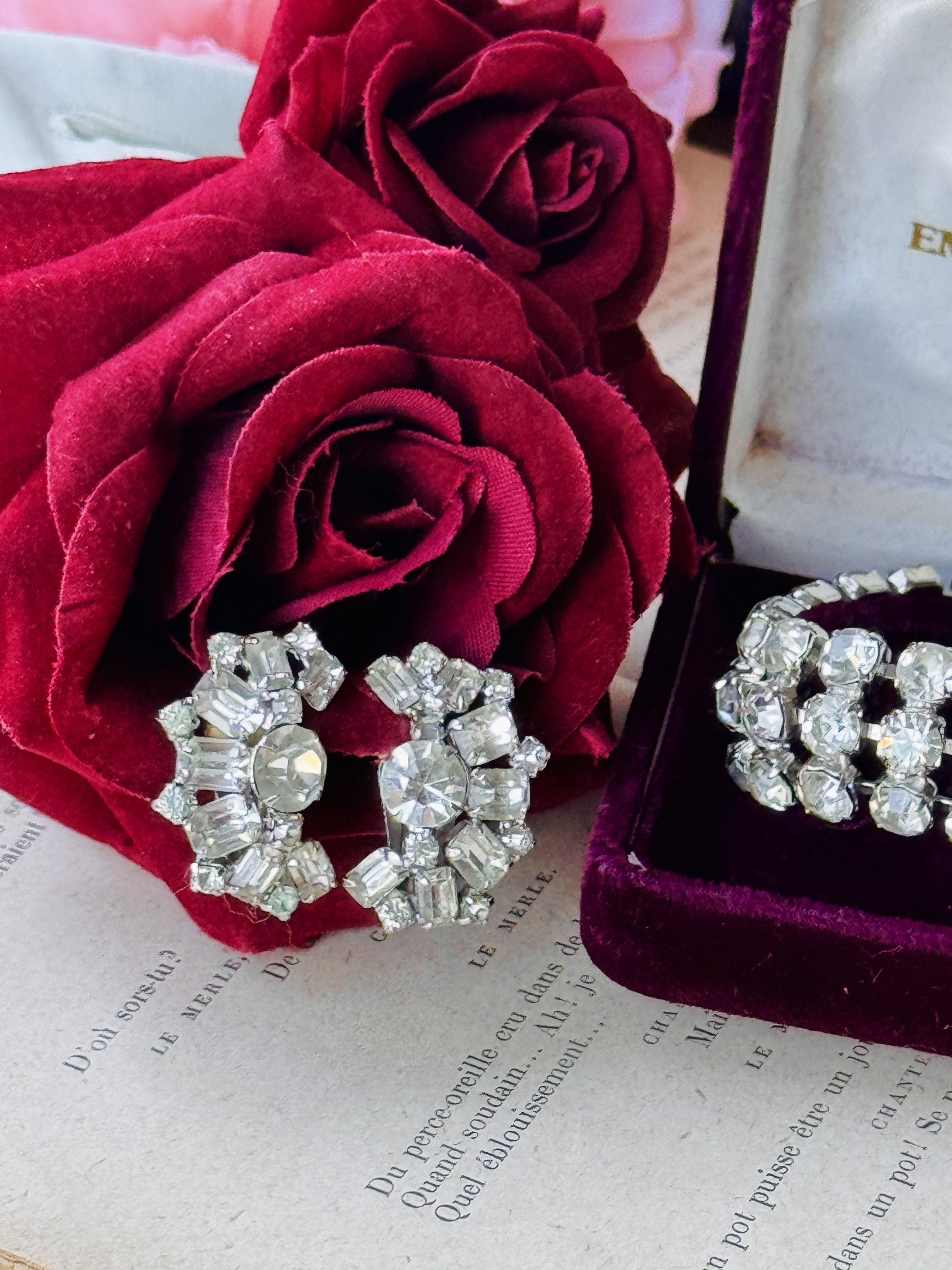 C.a. 1950s Continental Diamanté Bracelet and Clip Earrings Set in a Jewelry Box(MT2642)