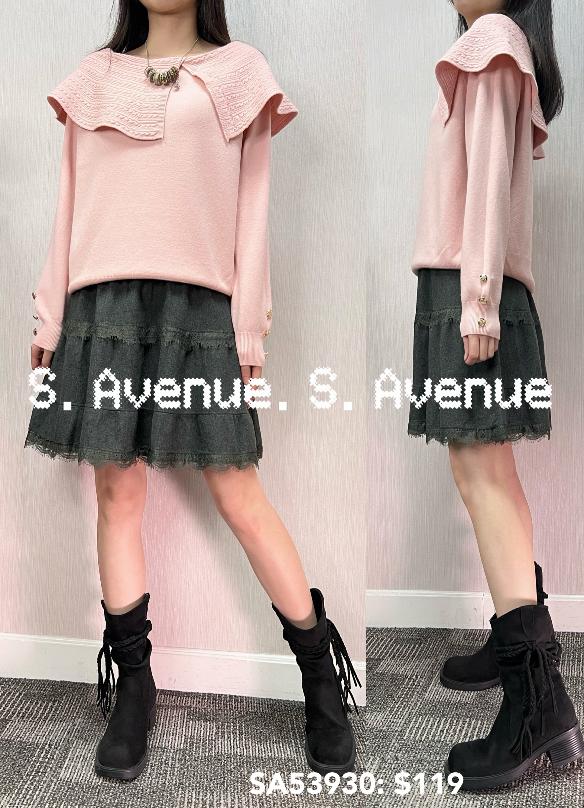 SA53930: 長袖暗紋斗逢領軟冷top