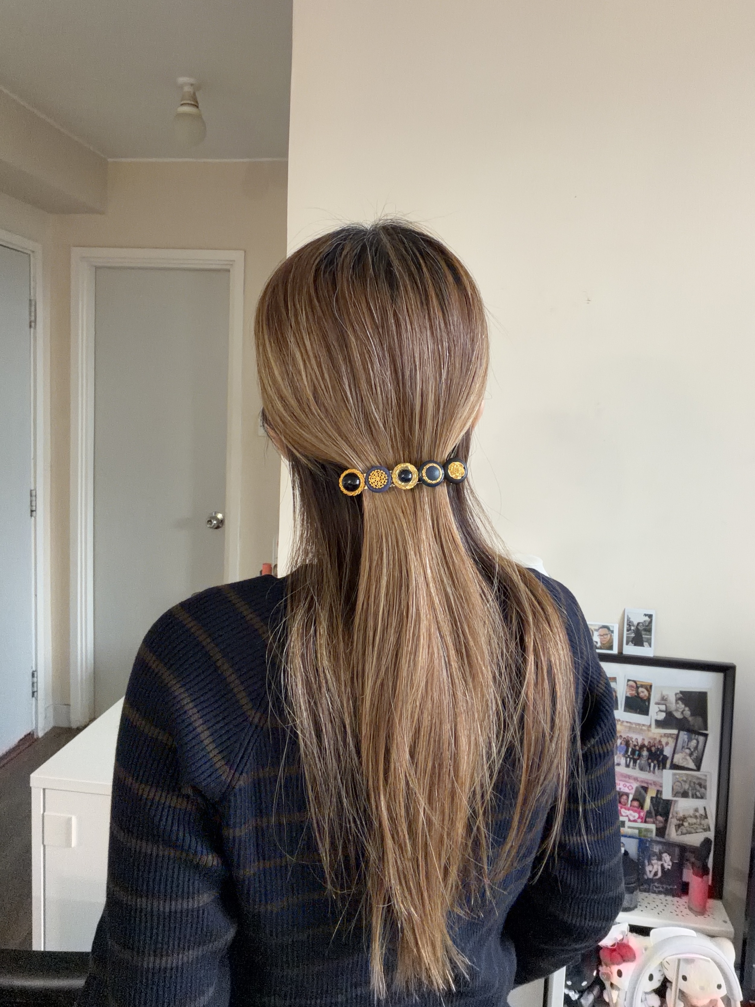 英倫風格藍黑色鈕扣髪夾/8cm長