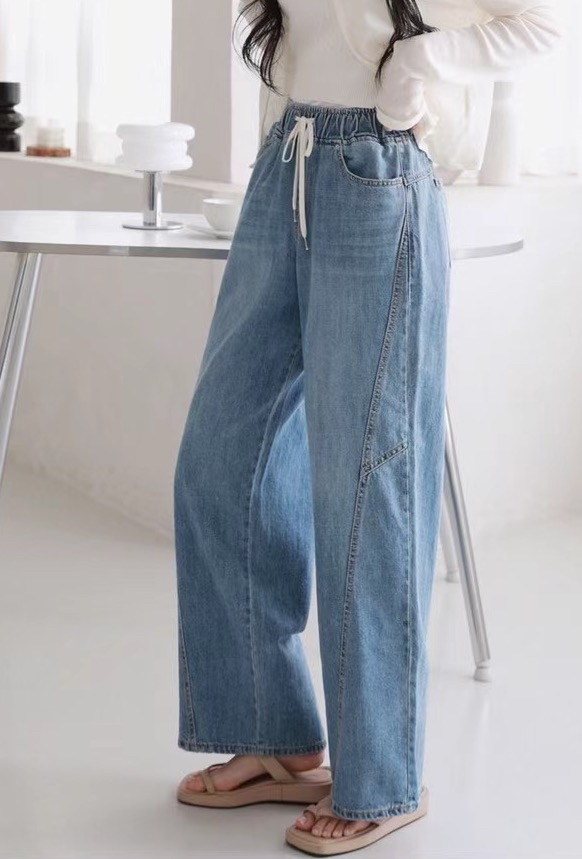 全橡筋腰側拼接牛仔褲