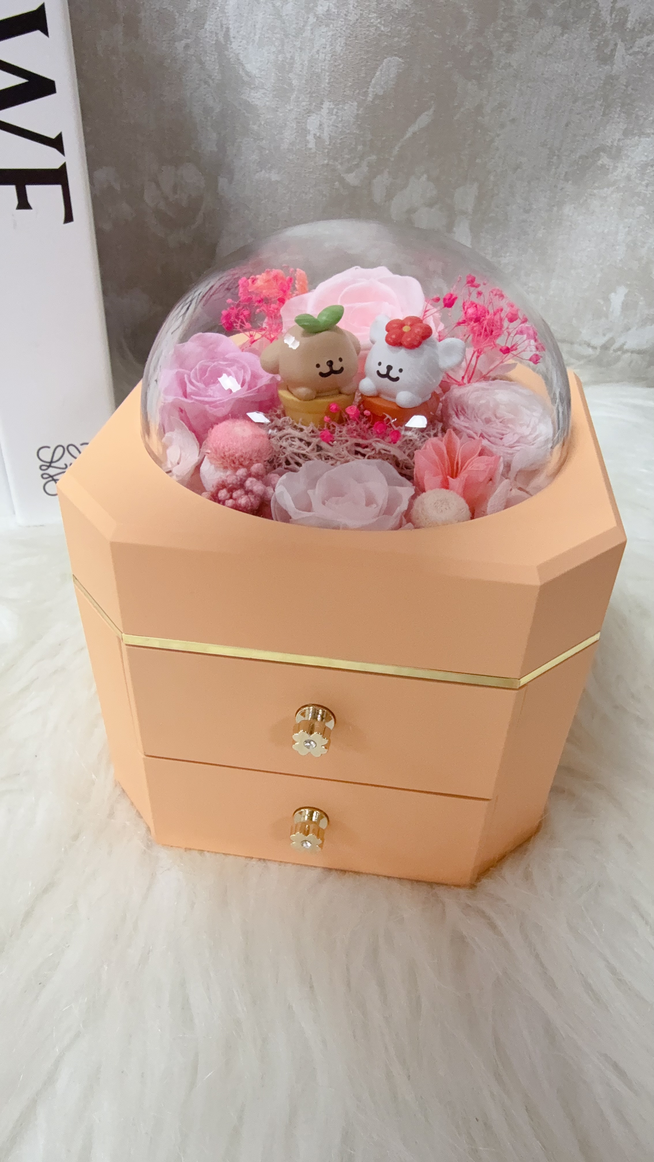 線條小狗粉紅玫瑰永生花飾物盒