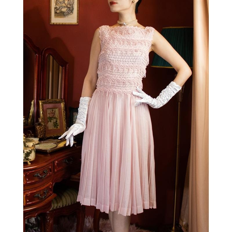 Original 1950s American Carlye Pink Chiffon Summer Day Party Dress (MU107-7)