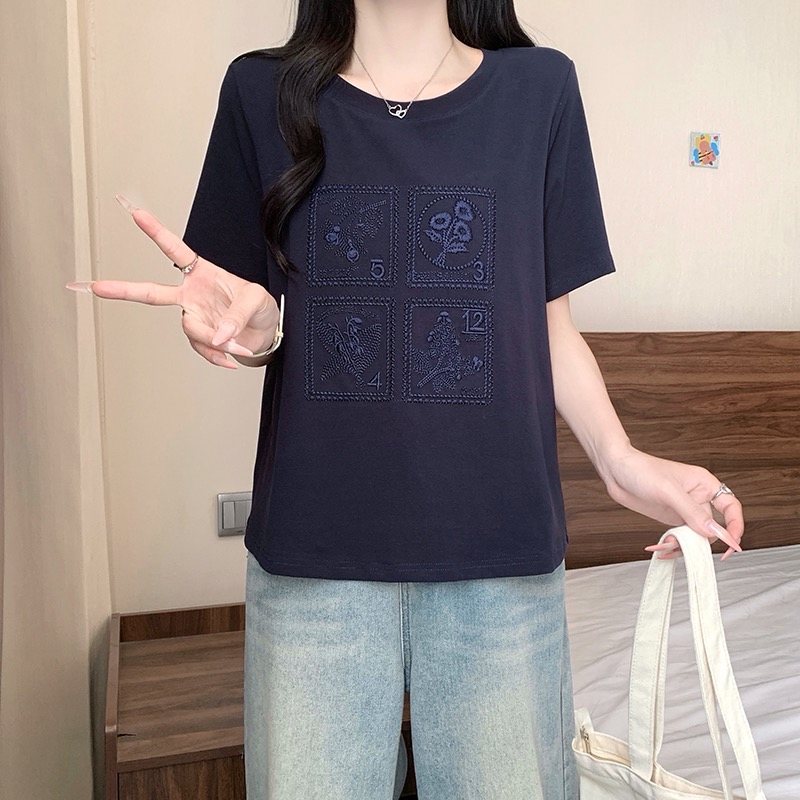 B68(3973) 韩系小香风同色系小花刺绣邮票蓝白上衣