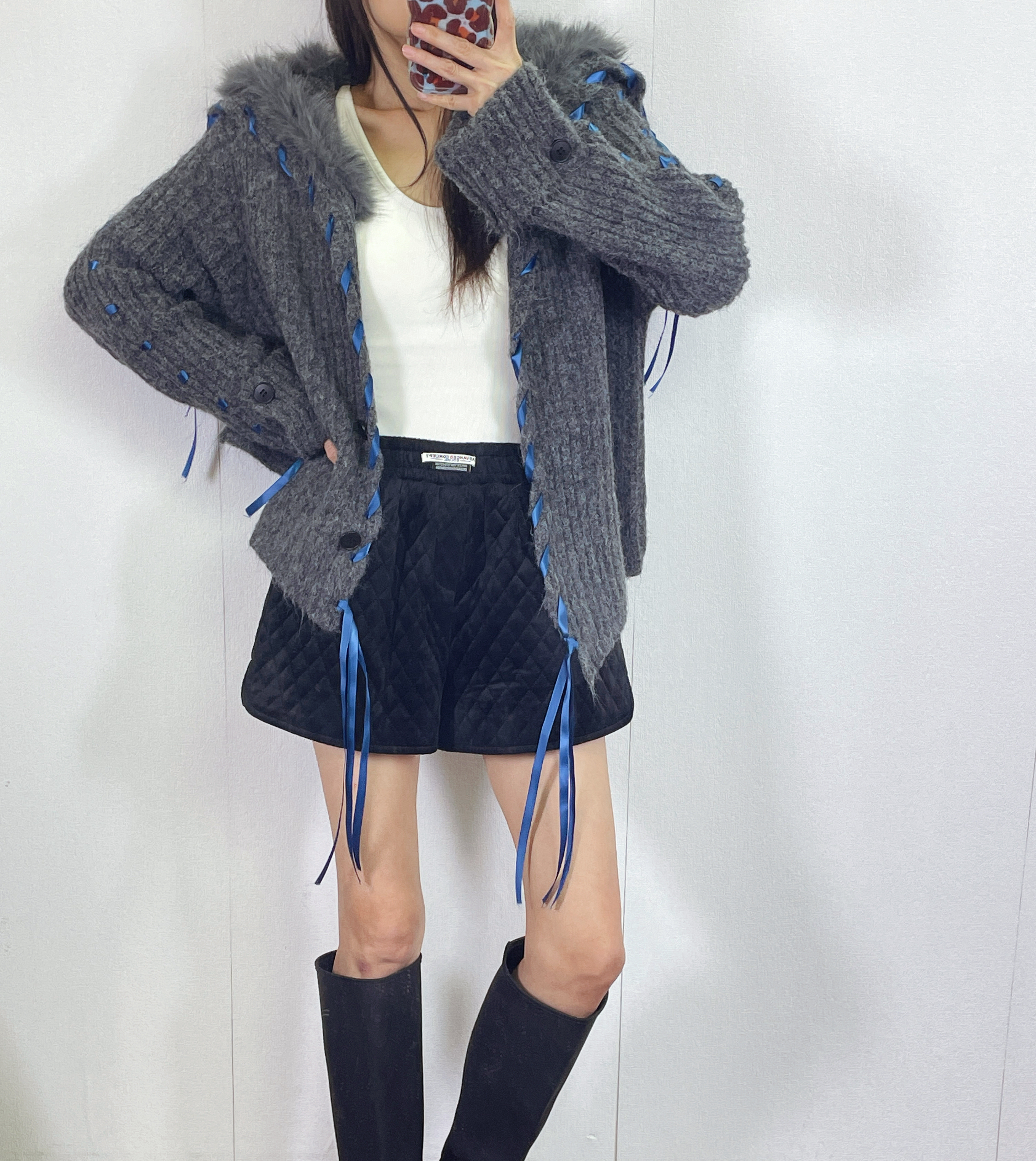 K5531 毛毛領拼絲帶針織外套