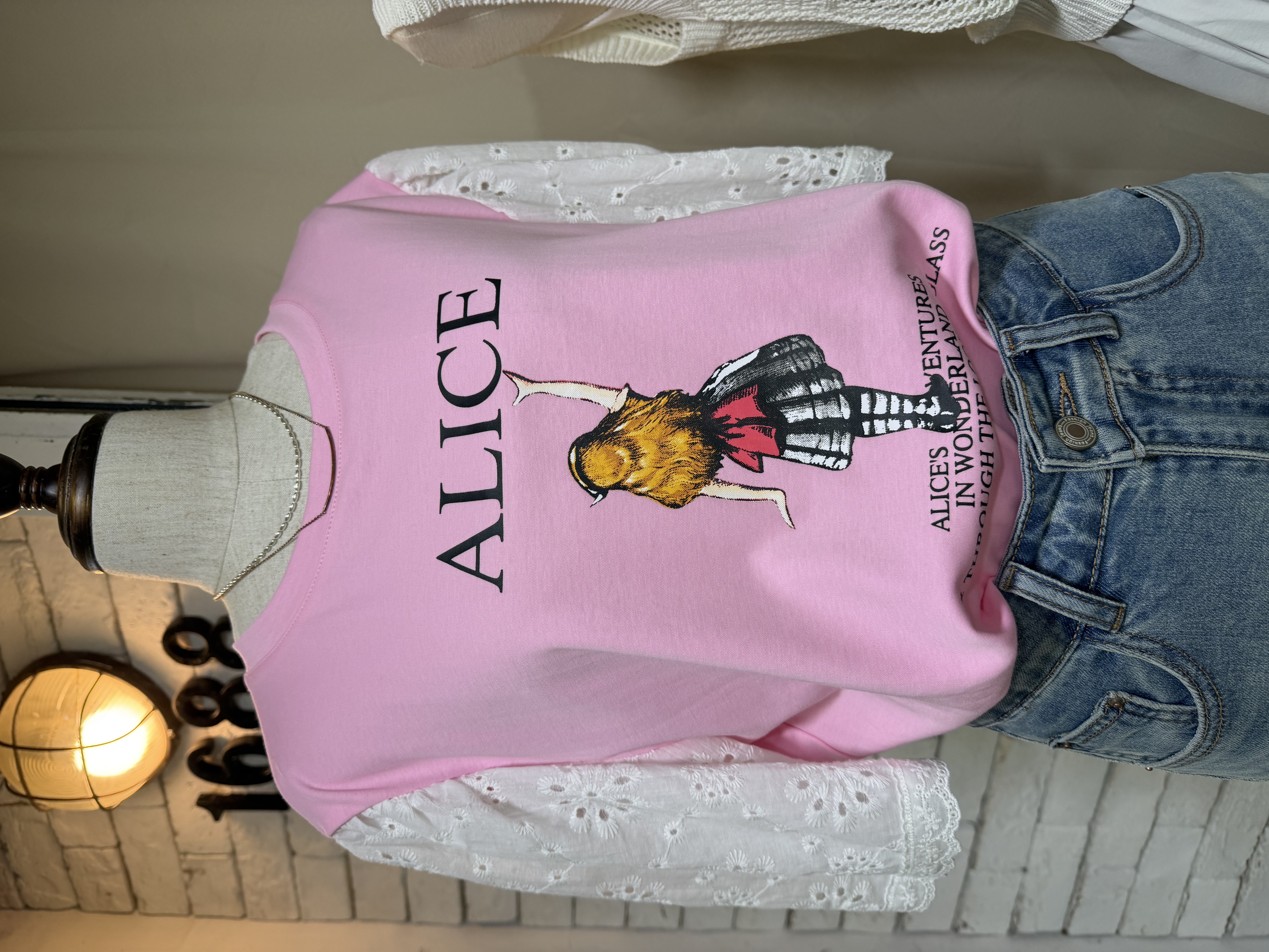 Alice粉色拼接蕾絲短袖T恤