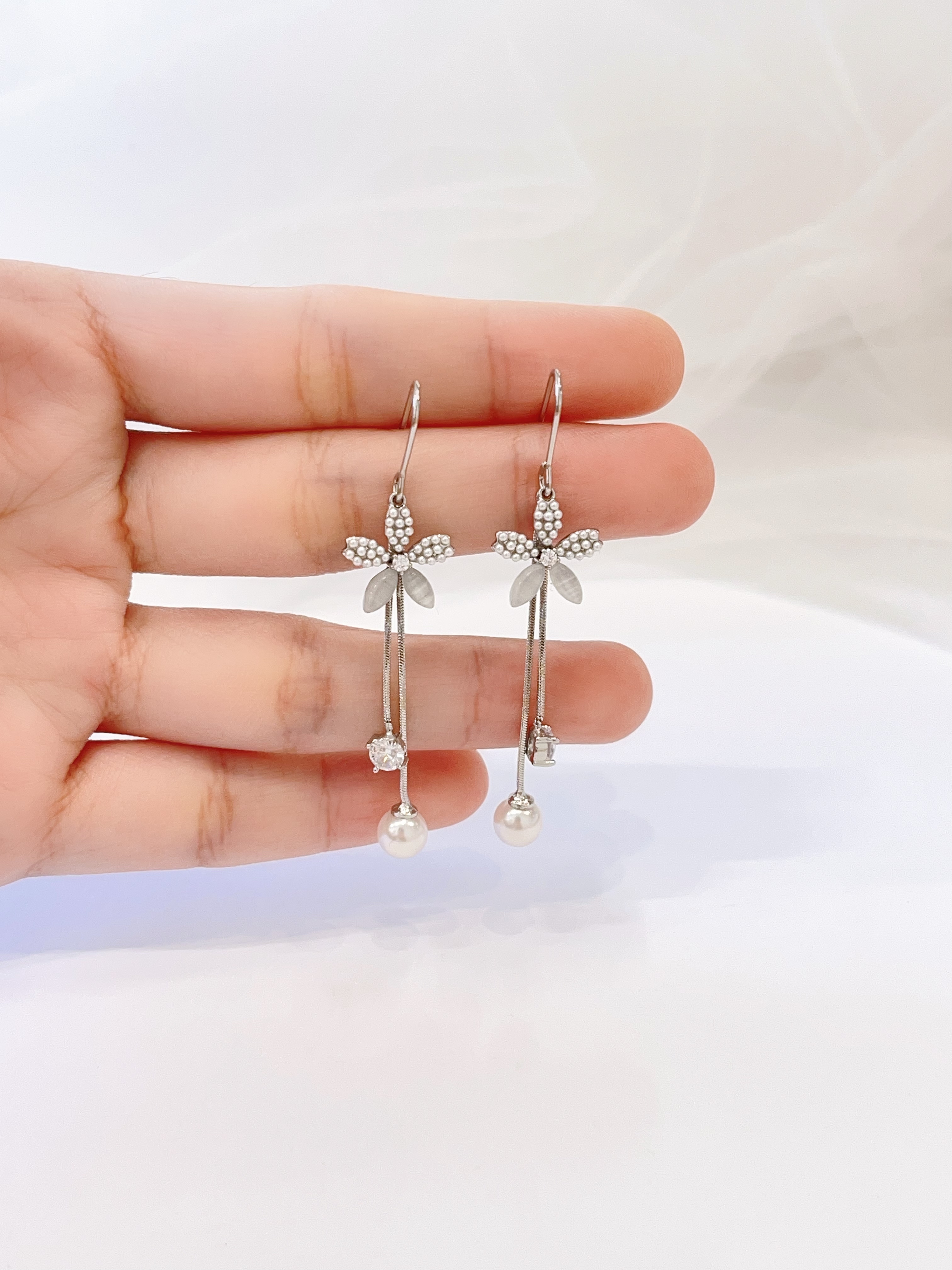 猫眼石小花朵锆石珍珠流苏耳环