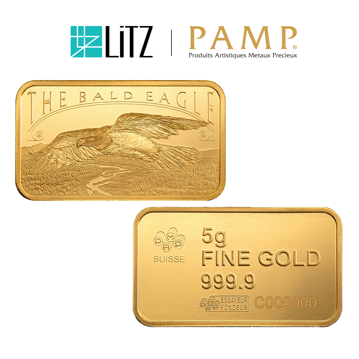 [5 gram] LITZ PAMP Suisse America the Free Bald Eagle Limited Edition Gold Bar (999.9) PG075