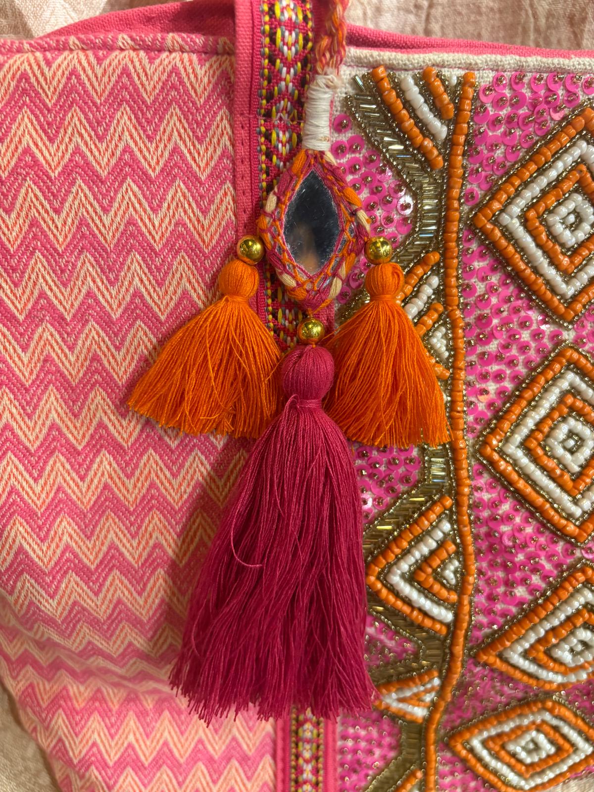 印度製造 - 粉紅色珠串刺繡袋