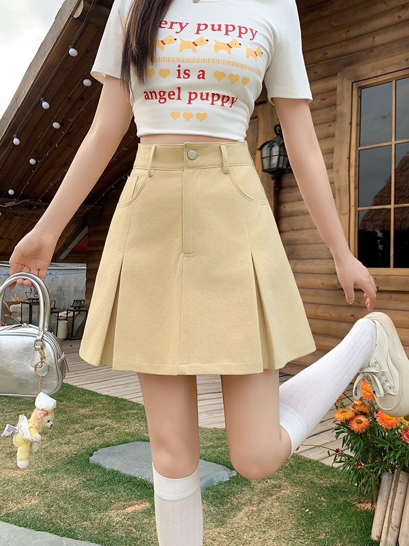 B108(21677) 韩版JEANS单银钮下摆双暗开角黑黄短裙 