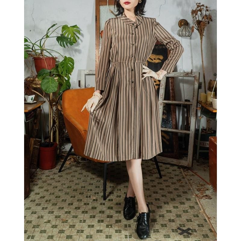 Vintage Toffee Tone Striped Pattern Button Up Day Dress (MT1608-148)