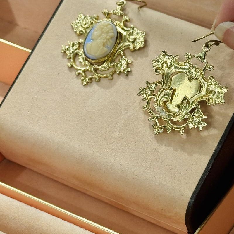 Blue Glass Cameo Hook Earrings (C032)