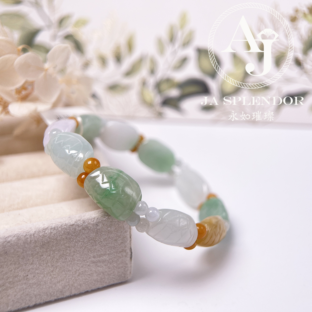 OF-06-A 天然翡翠A玉 - 冰潤三彩長壽吉祥龜貝手串