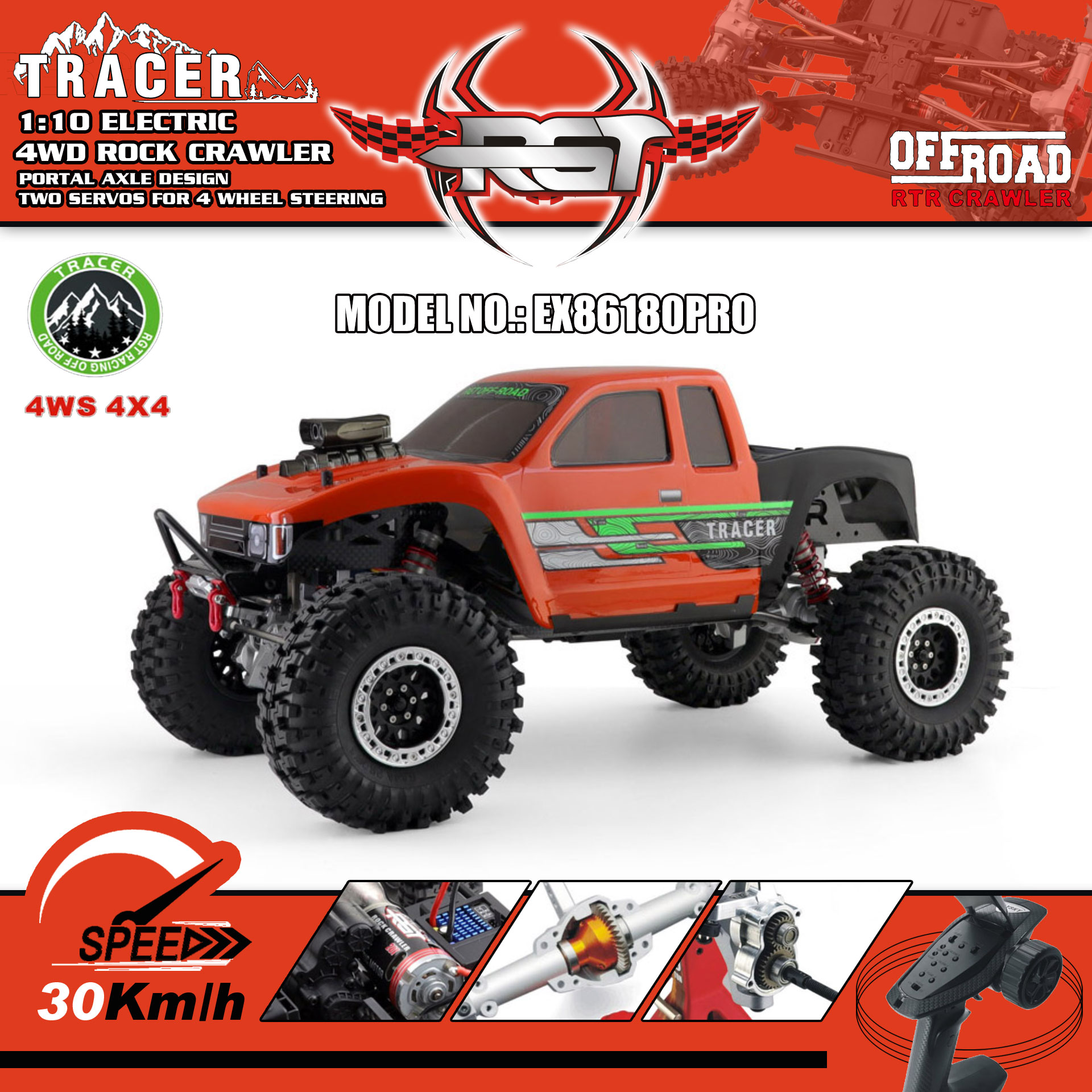 全新 🌟 瑞泰 RGT 🌟 1:10 EX86180PRO TRACER 四輪轉向 攀爬越野車 2.4Ghz 遙控 4輪驅動 全車85%金屬件
