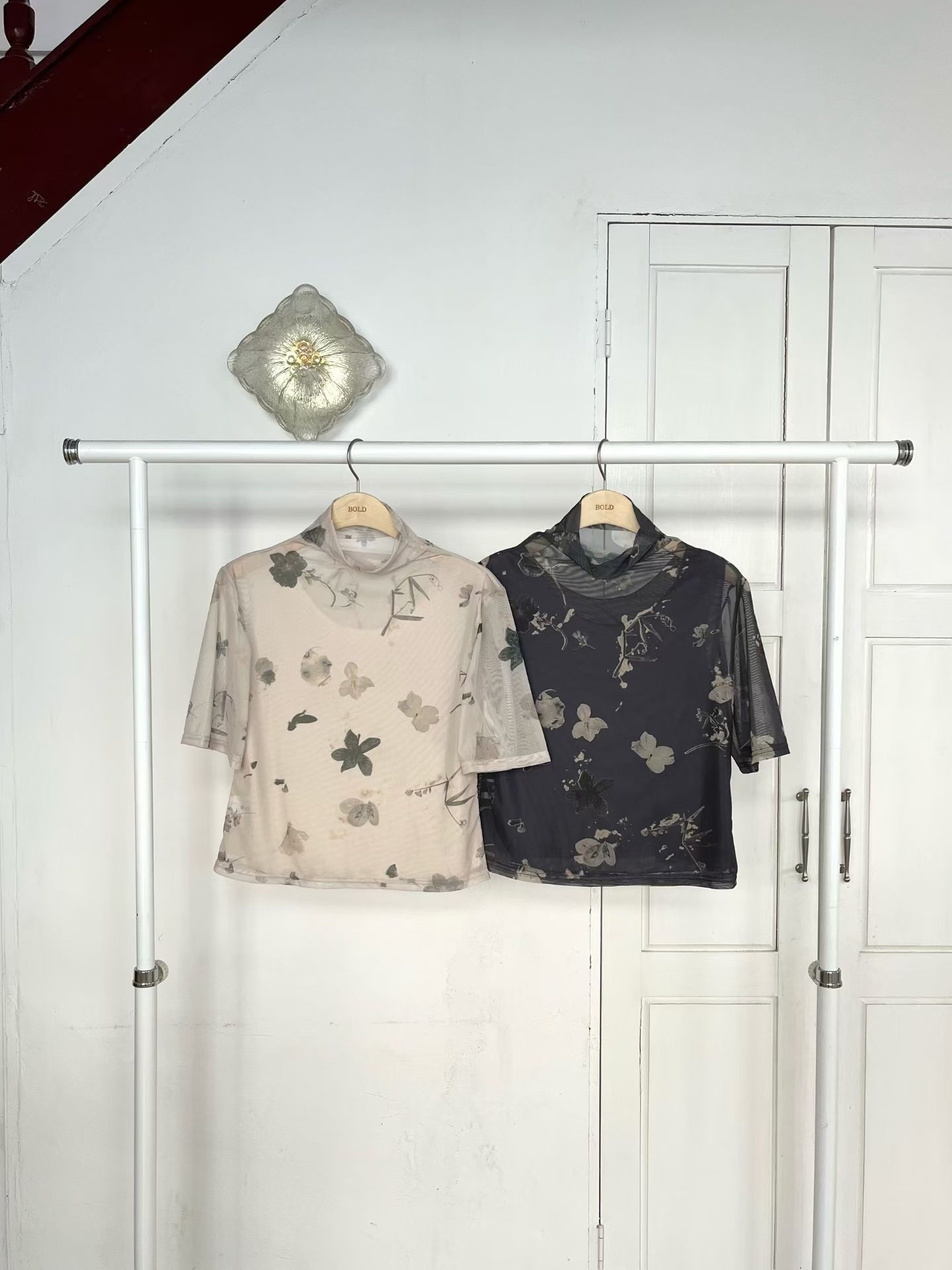 B2 復古印花透紗疊穿 T