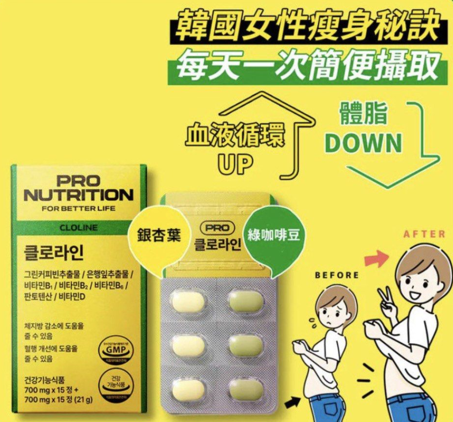 韓國 PRO NUTRITION CLOLINE 綠咖啡豆銀杏瘦身塑形丸
