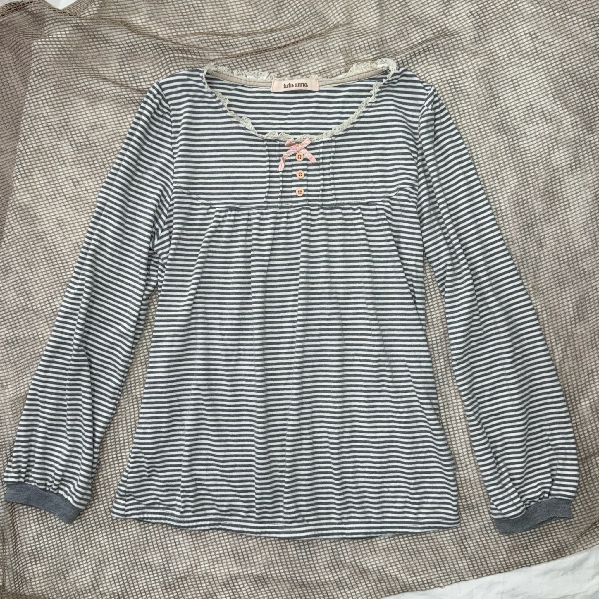 Striped Long Sleeve Top with Lace Trim and Ribbon