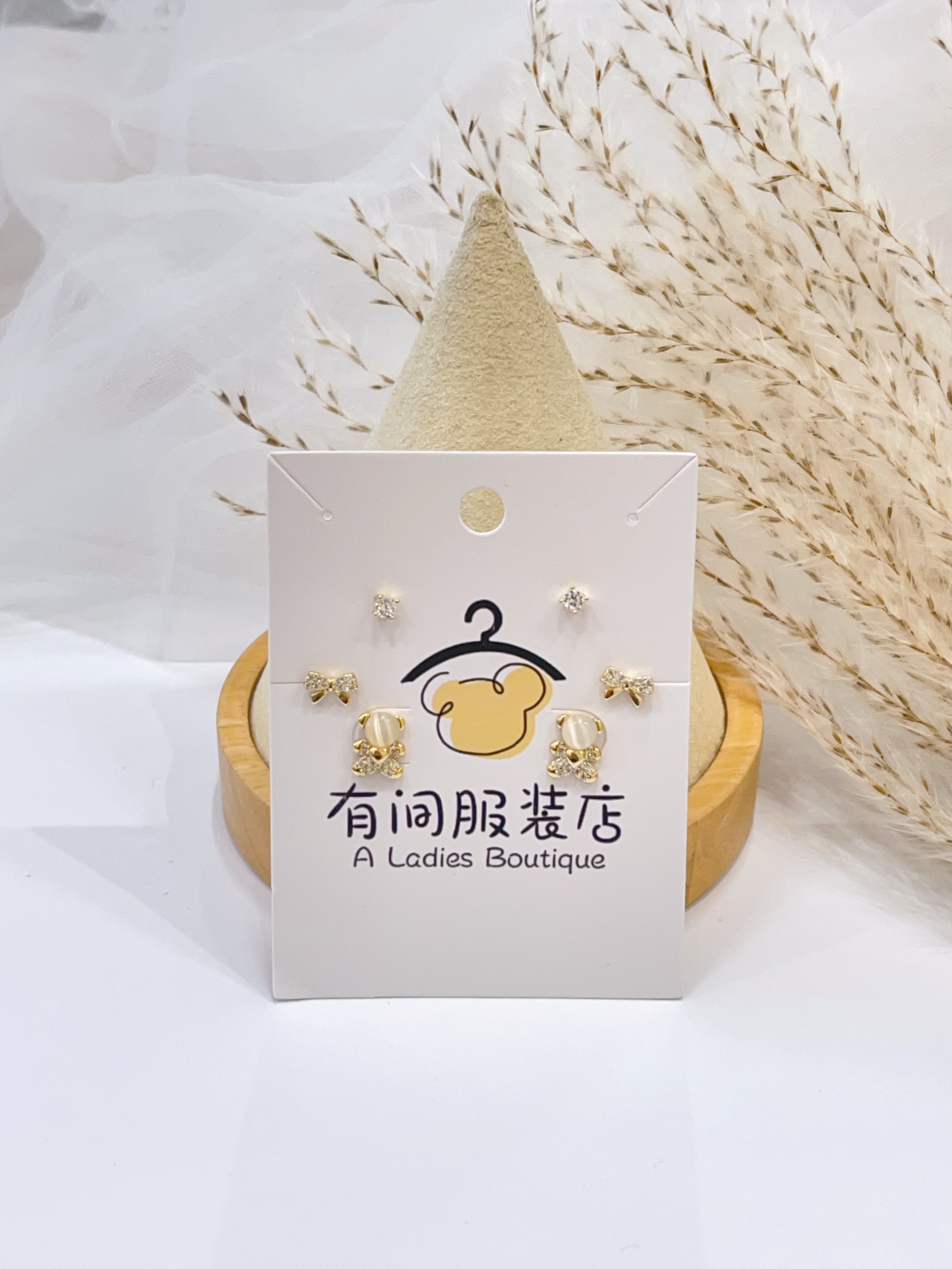 猫眼石小熊蝴蝶结耳环套装