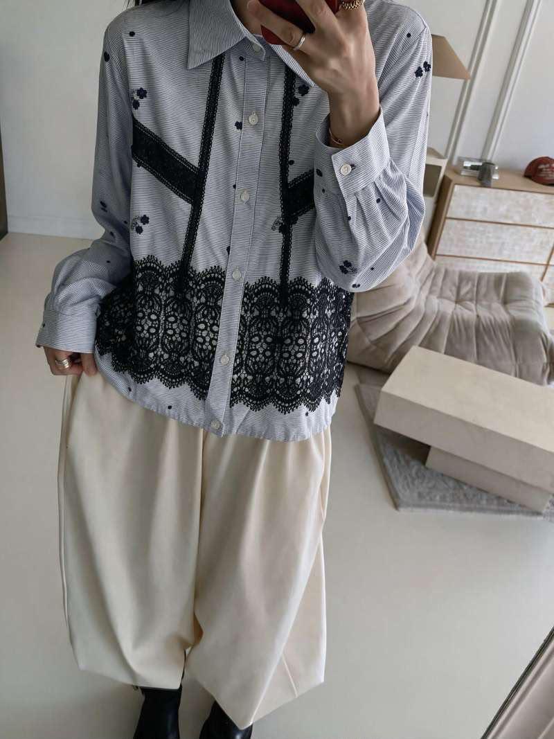 蕾絲拼接長袖襯衫(46寸胸/23寸長)