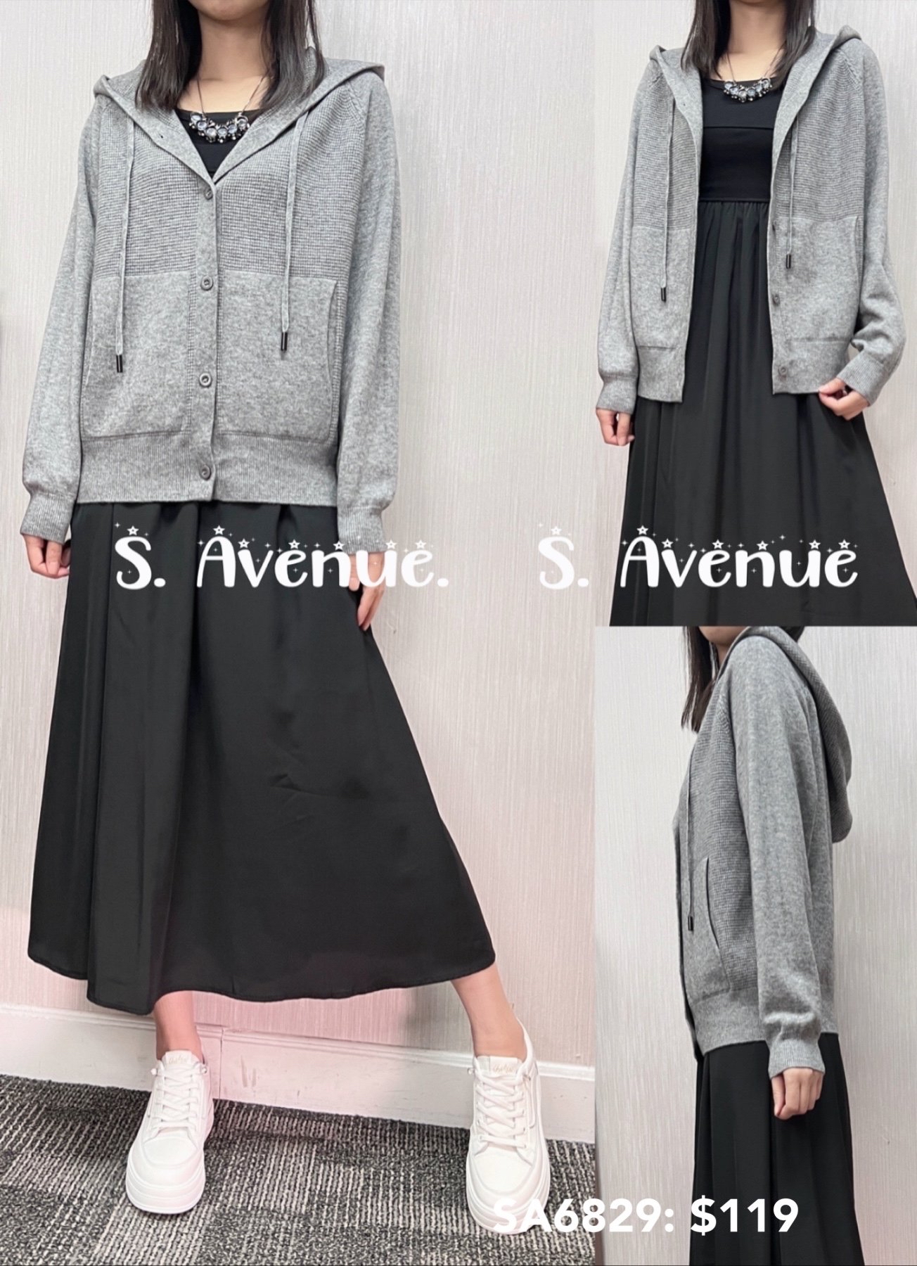 SA6829: 長袖有帽有鈕有袋針織外套