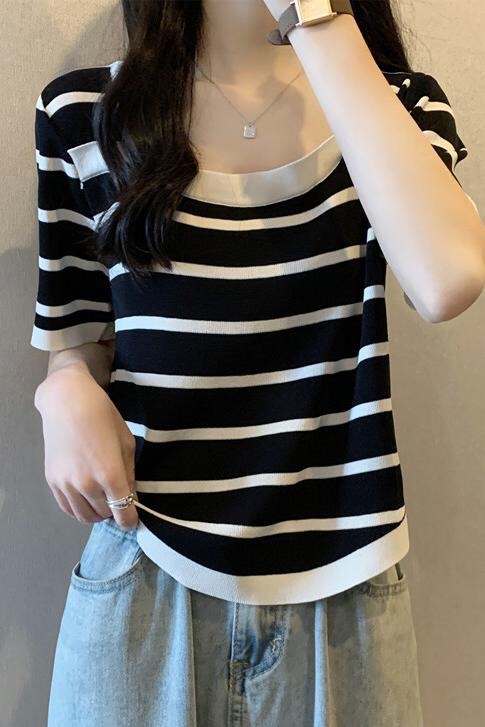 B246(1006) 韩版撞色横纹显瘦下摆圆角冰丝针织黑上衣 