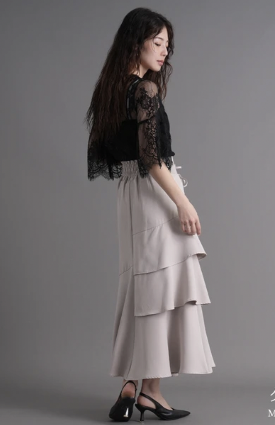 <JP> 超限量！Lace Up Asymmetry Tiered Skirt * 5色入  <預購>