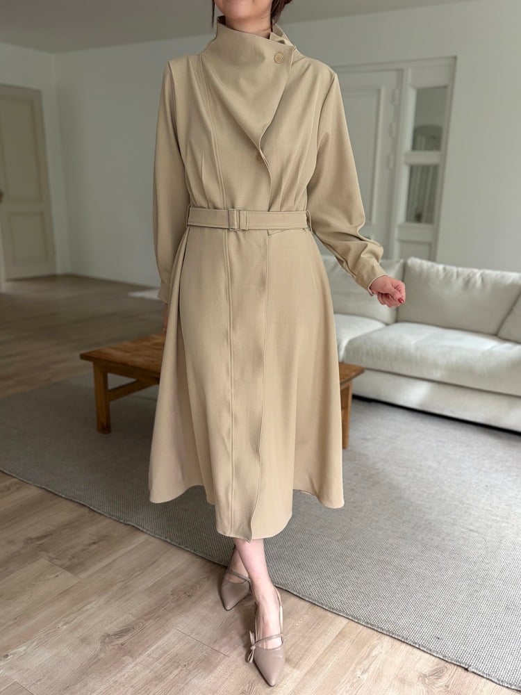 Classic Flared Trench Dress (Warm Beige)