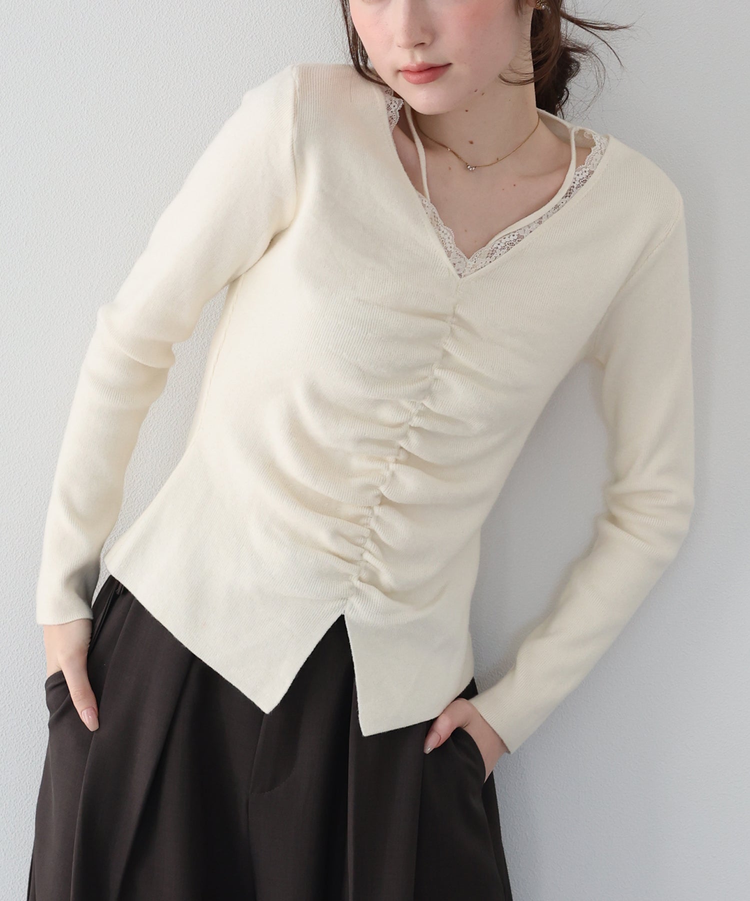 <JP> 蕾絲 v 領雙肩帶褶皺 Knit * 3色入 <預購>