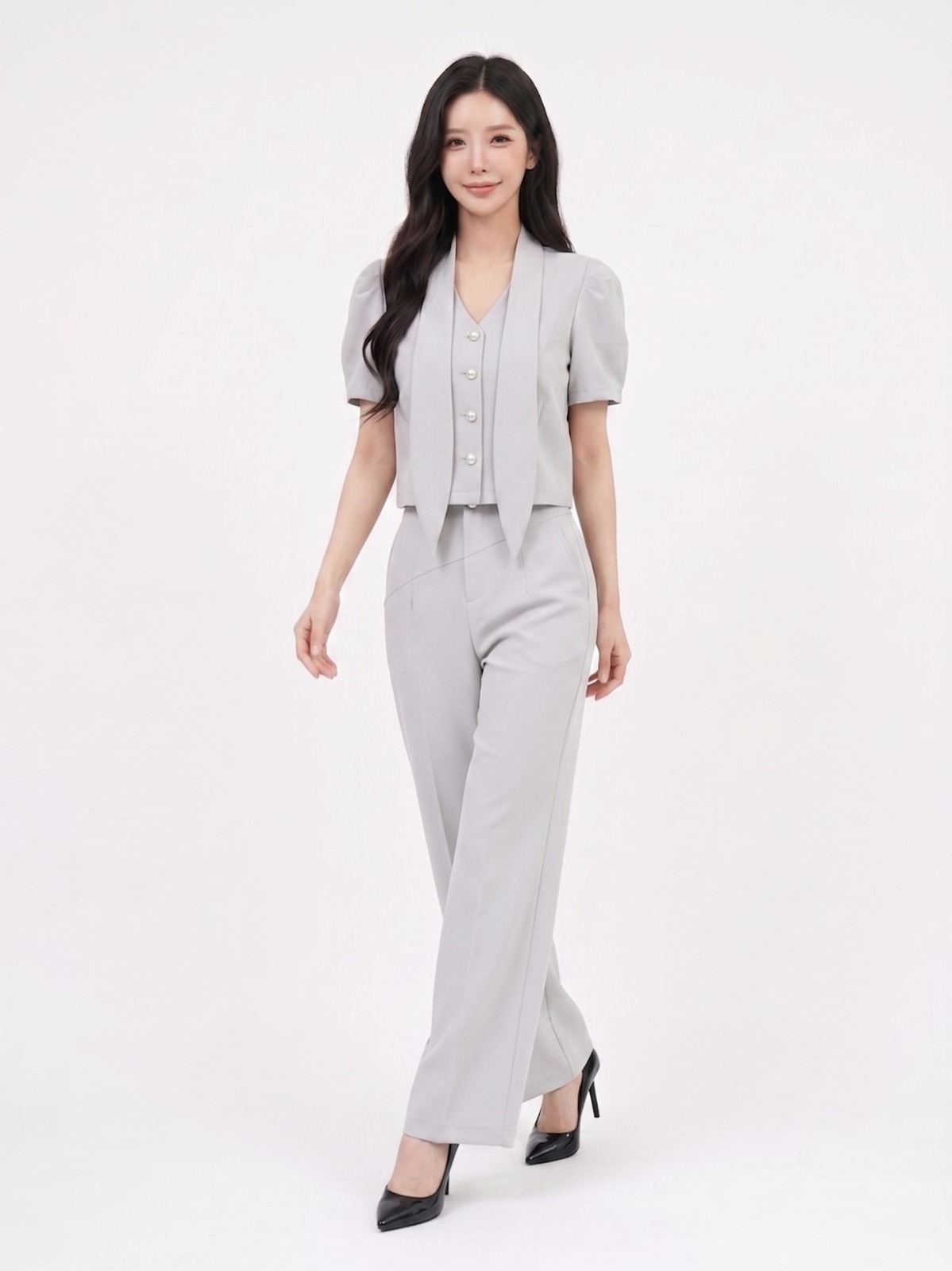 2151BB Avery Pearl Tie-Neck Crop Blouse