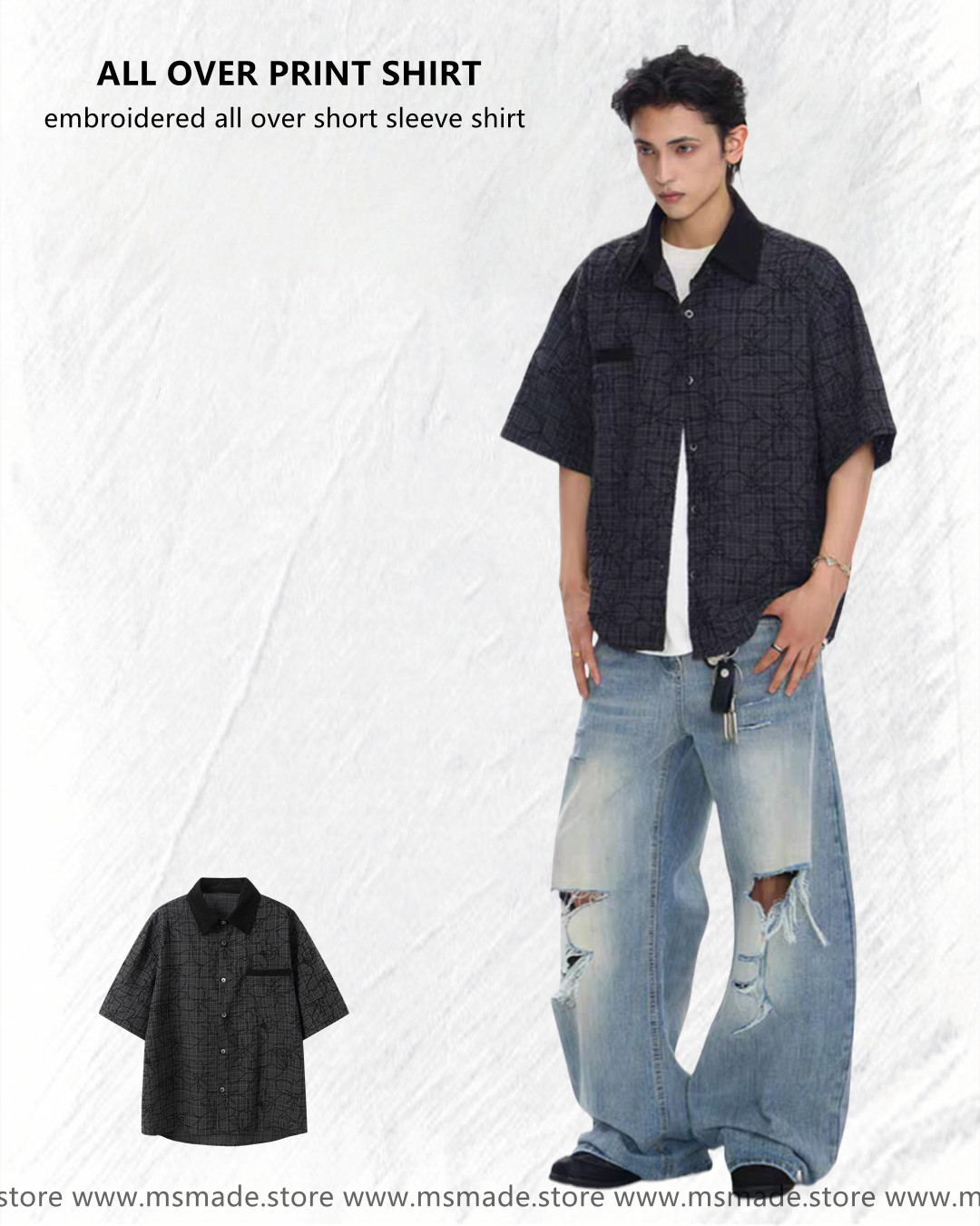 M07綉花滿印短袖襯衫
