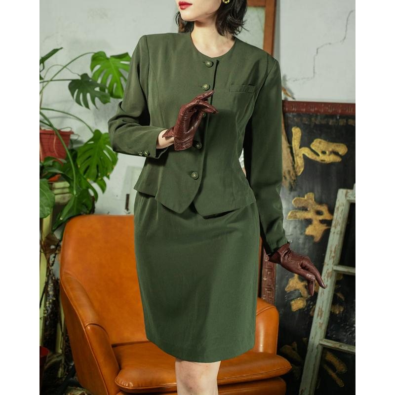 Vintage C.a. 1980s Lambelle Deep Olive Green Twin Set - Round Collar Blazer & Skirt(MT1607-7)