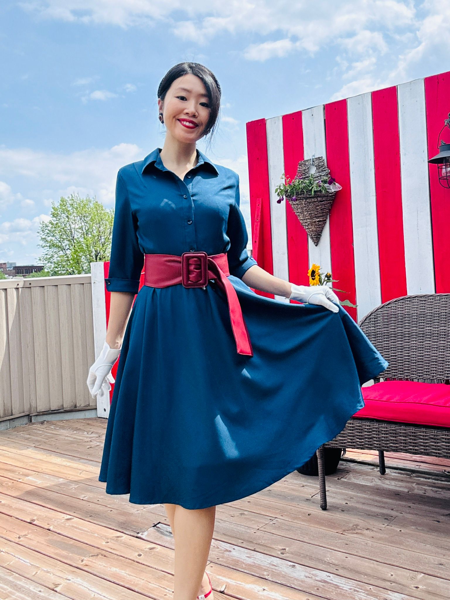 (Custom-Made) Midnight Heirloom Shirtdress with Vintage Buttons and Belt (FM237)