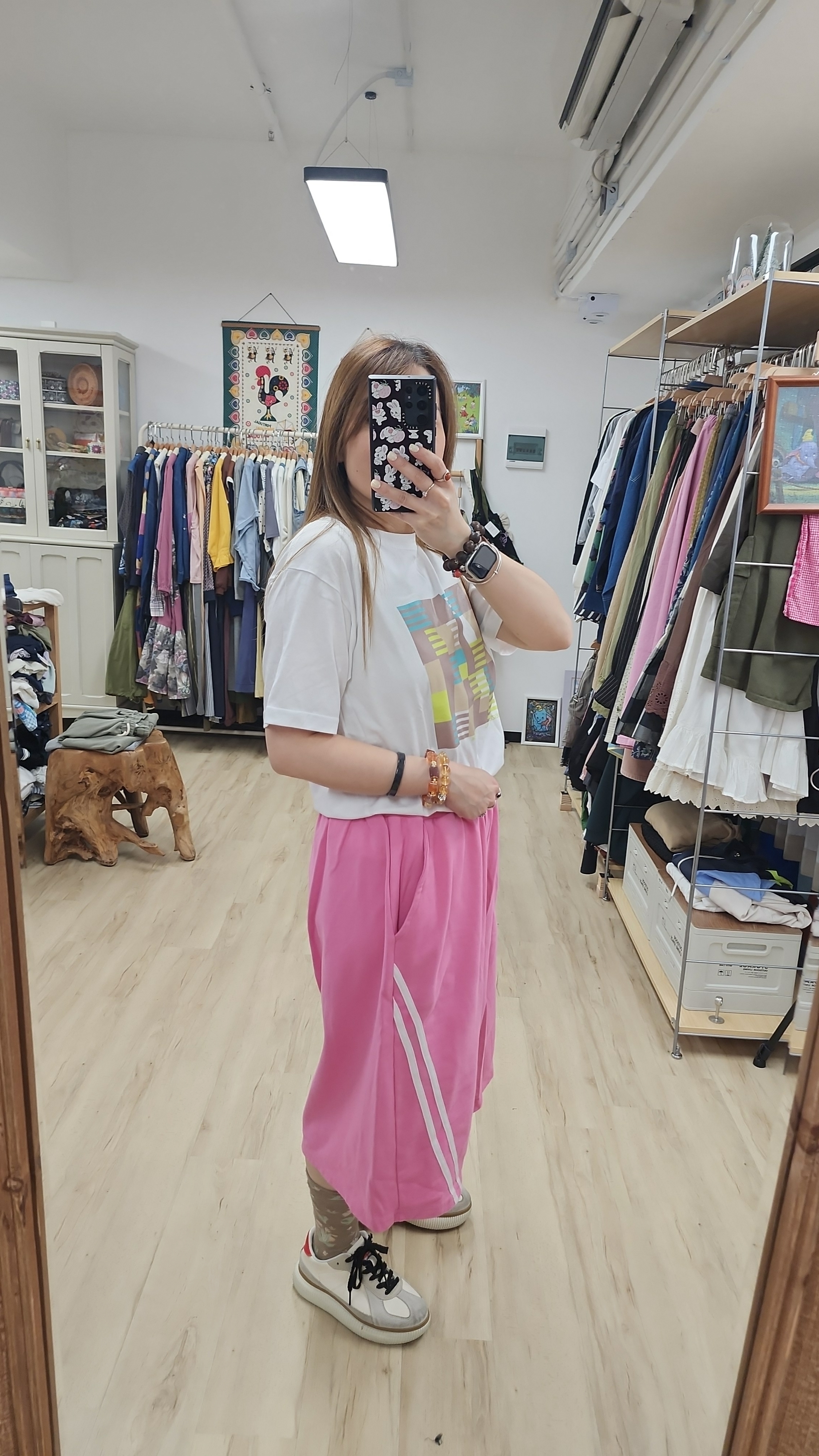 泰國白拼色方格仔印圖棉Tee