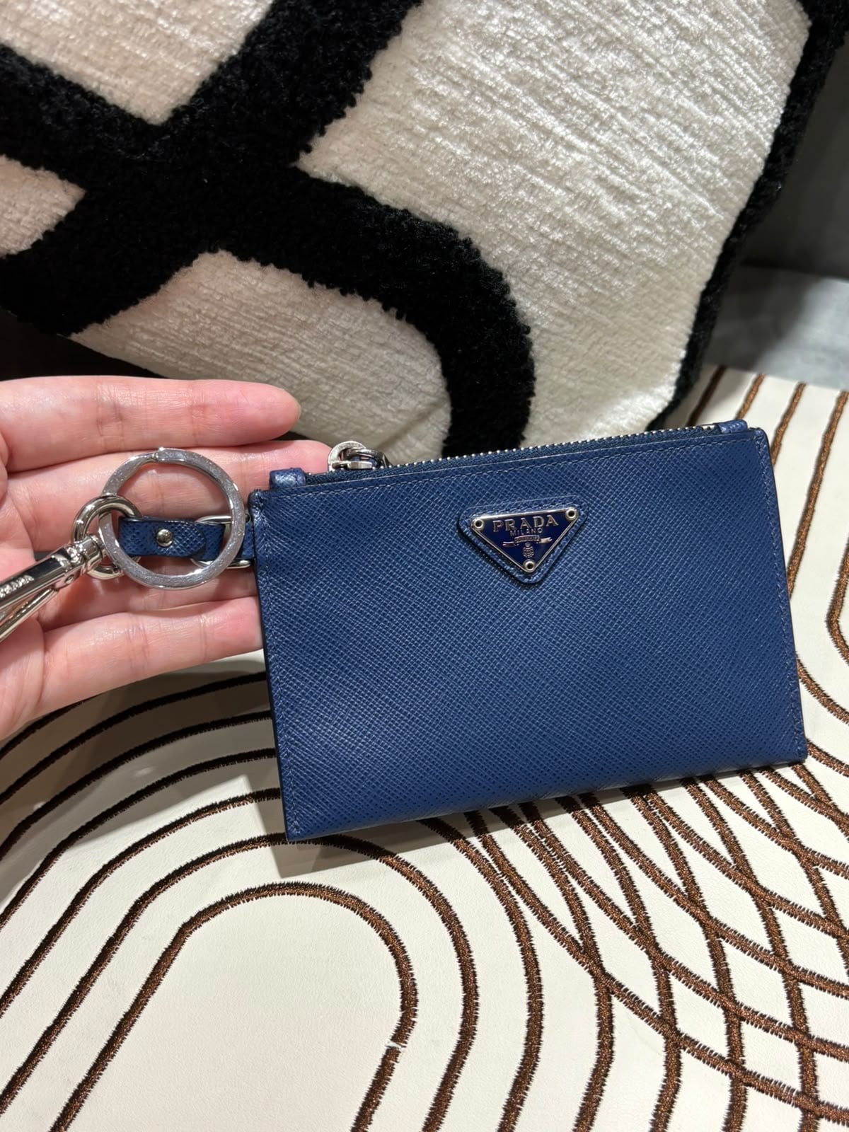 Prada Key Holder Coin Case Blue Calfskin 100%Authentic, 98%New