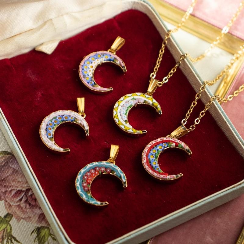 Modern Italian Mosaic Romantic Floral Moon Shape Pendant Necklace(ITMA50)